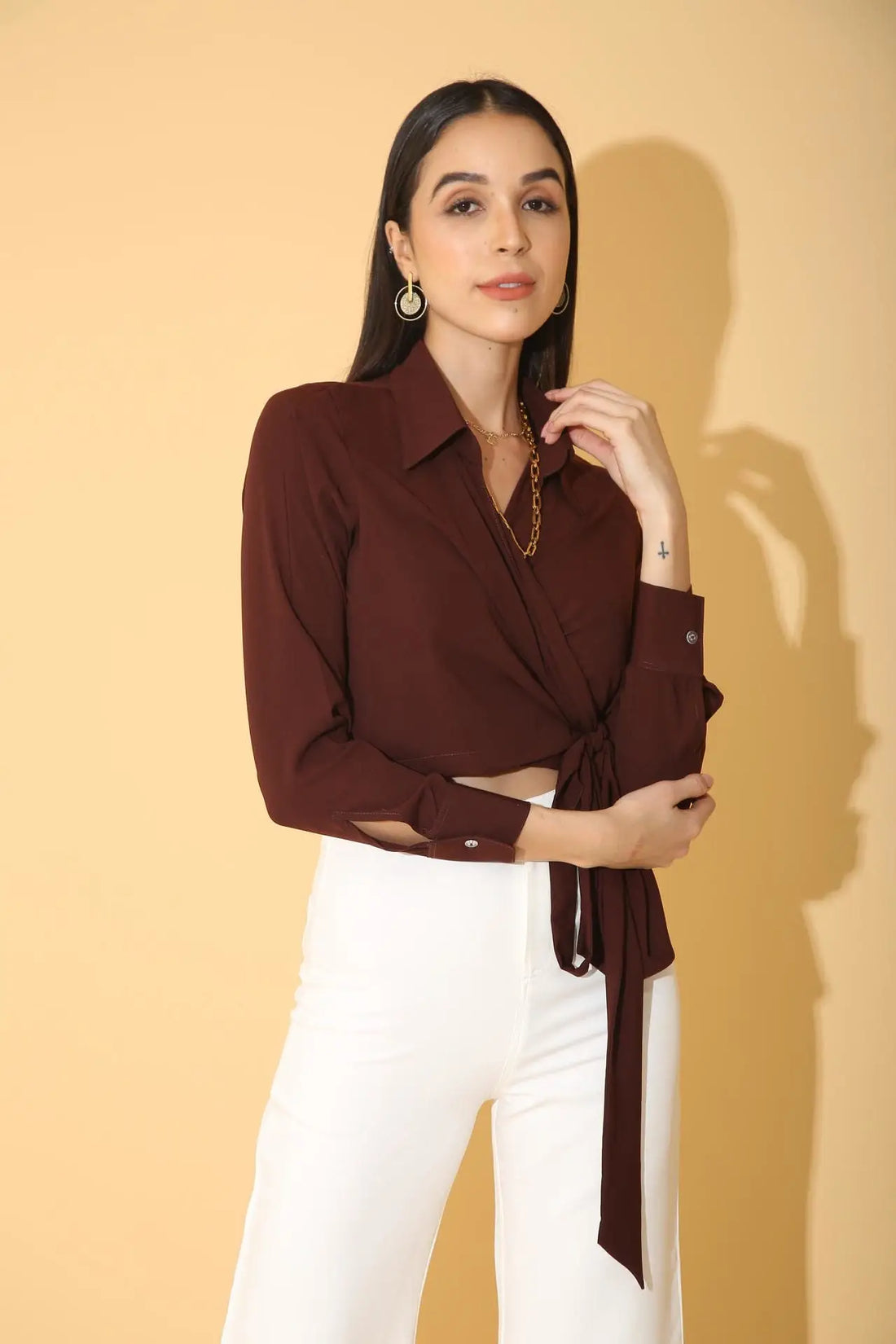 Brown Overlap Crop Shirt - SHIRTS