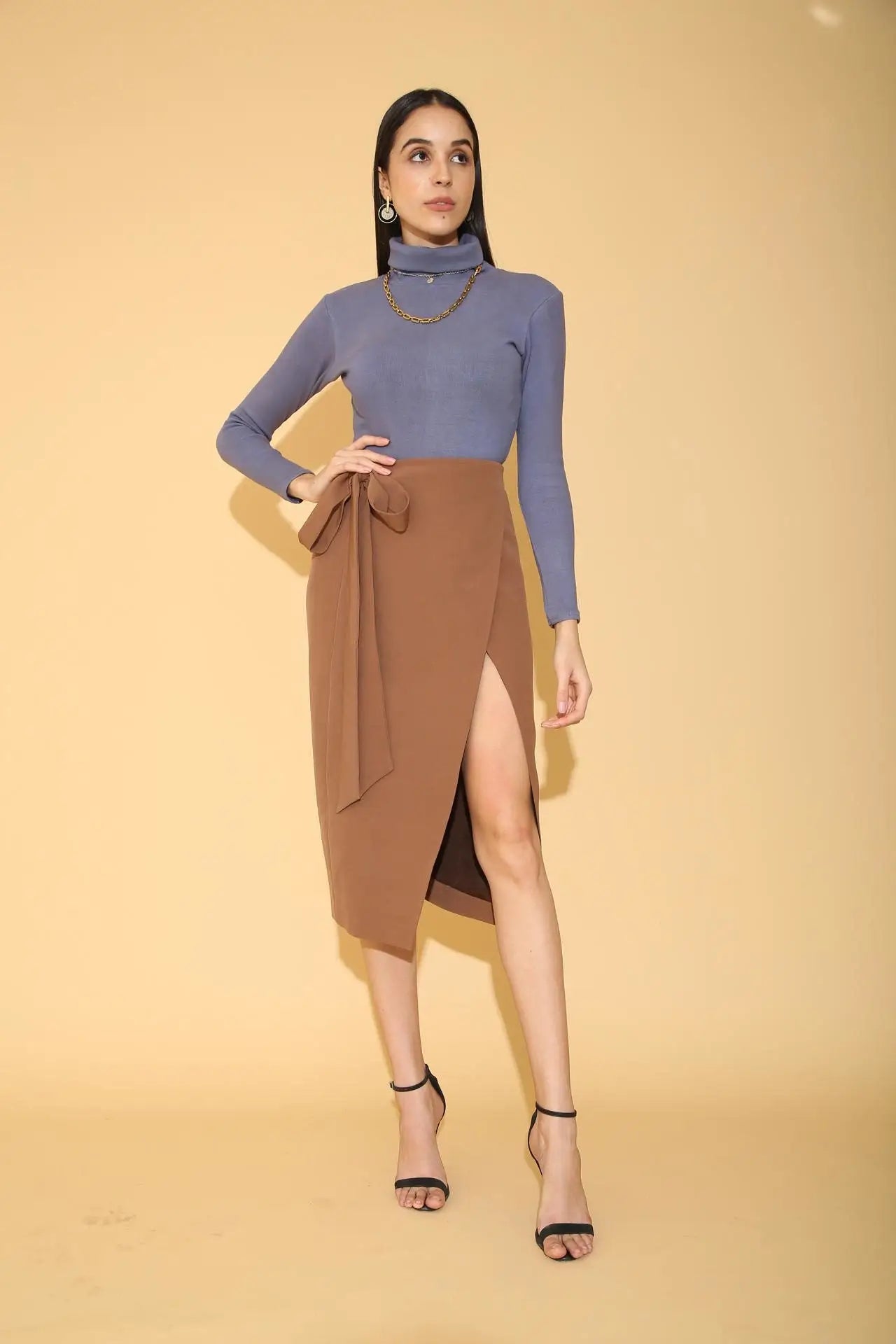 Brown Overlap Pencil Skirt - SKIRTS