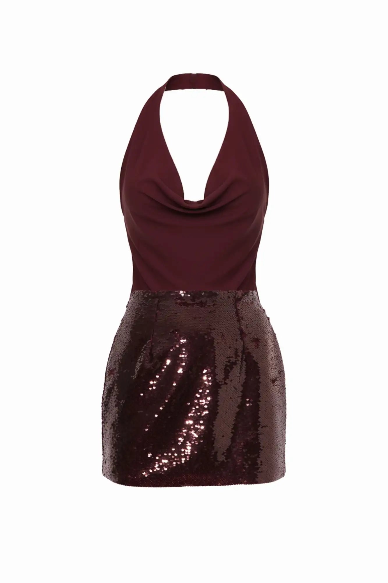 Burgundy sequined mini dress with halter neck and cowl neckline.