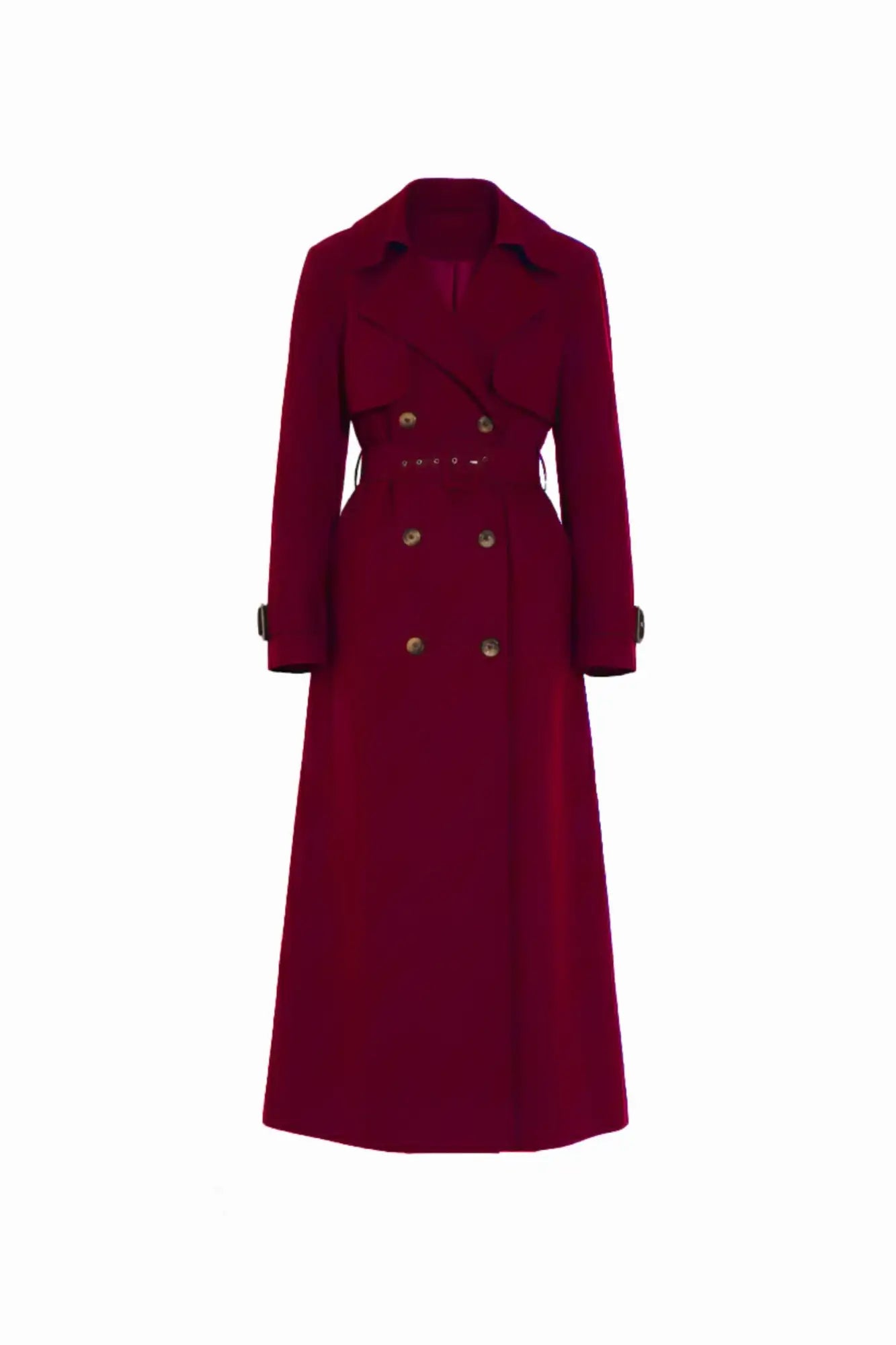 Burgundy wool double-breasted coat with gold buttons and belt detail.