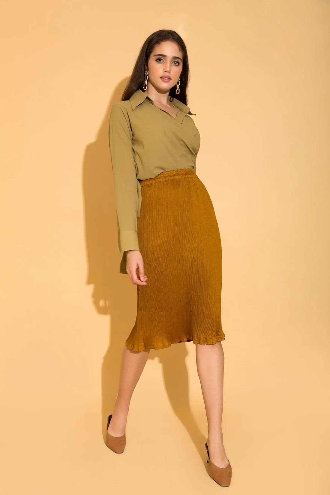 Burnt Gold Micro-pleated Skirt - SKIRTS