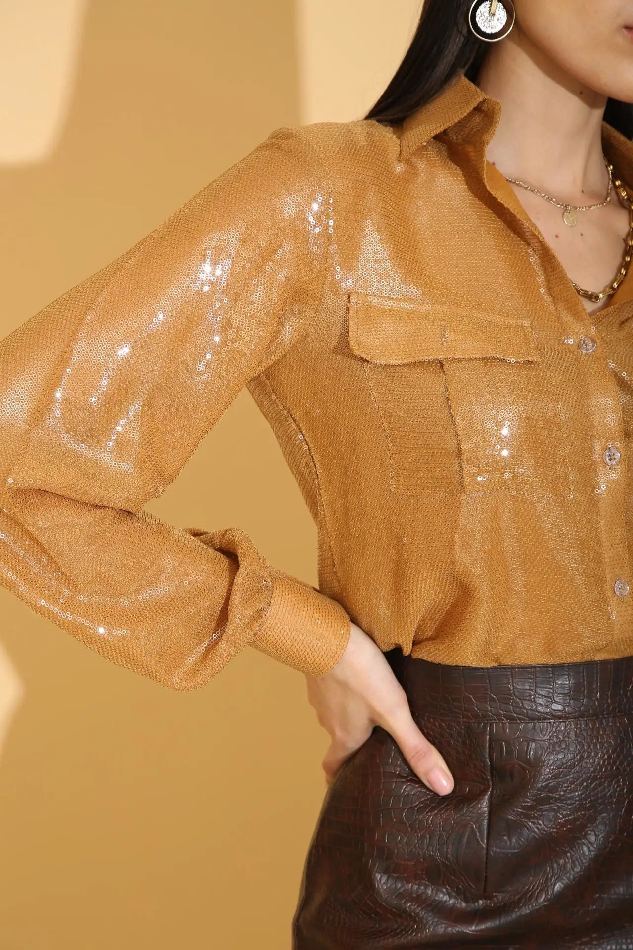 Burnt Gold Sequins Shirt - SHIRTS