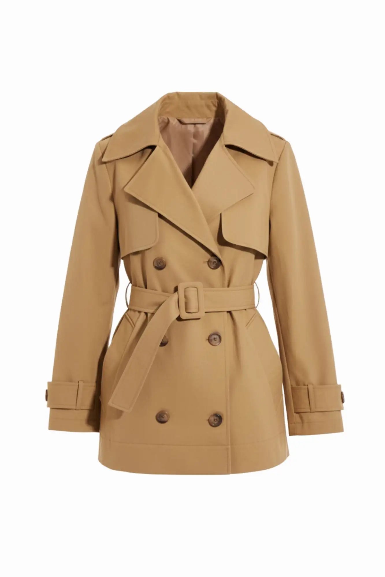 Camel-colored trench coat with double-breasted front and belt detail.
