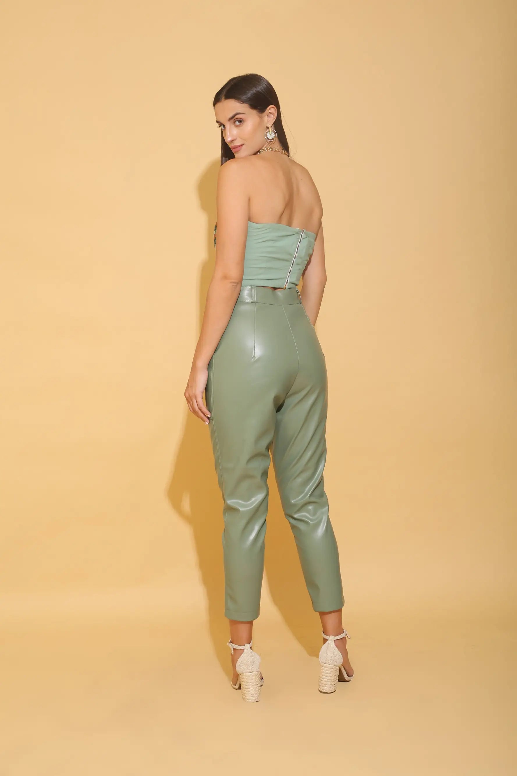 Chevron Tube Top and Sage Green Leather Co-ord Set - SET