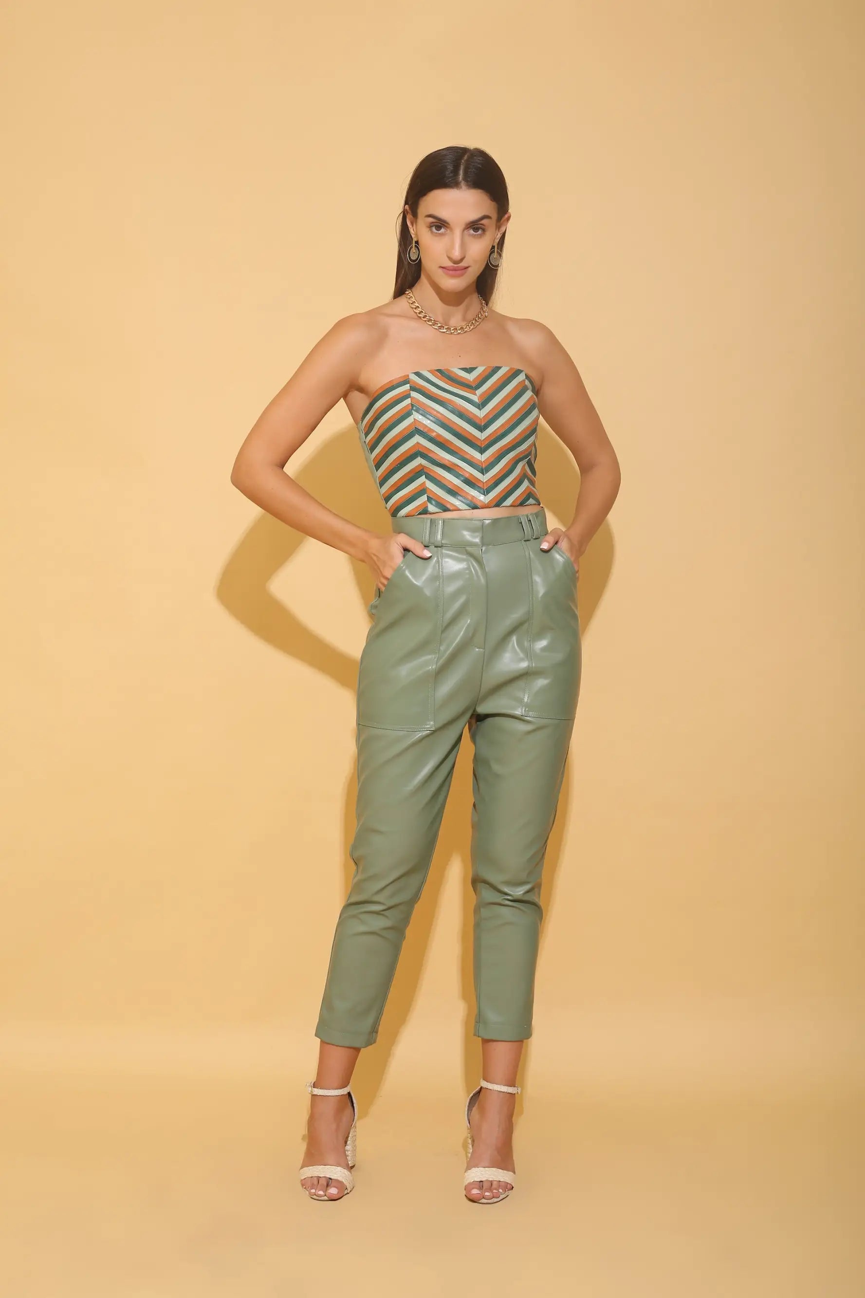 Chevron Tube Top and Sage Green Leather Co-ord Set - SET