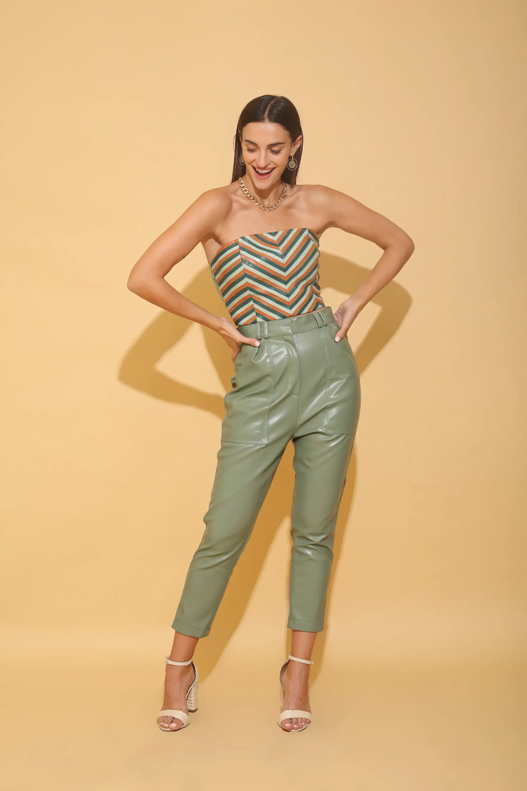 Chevron Tube Top and Sage Green Leather Co-ord Set - SET