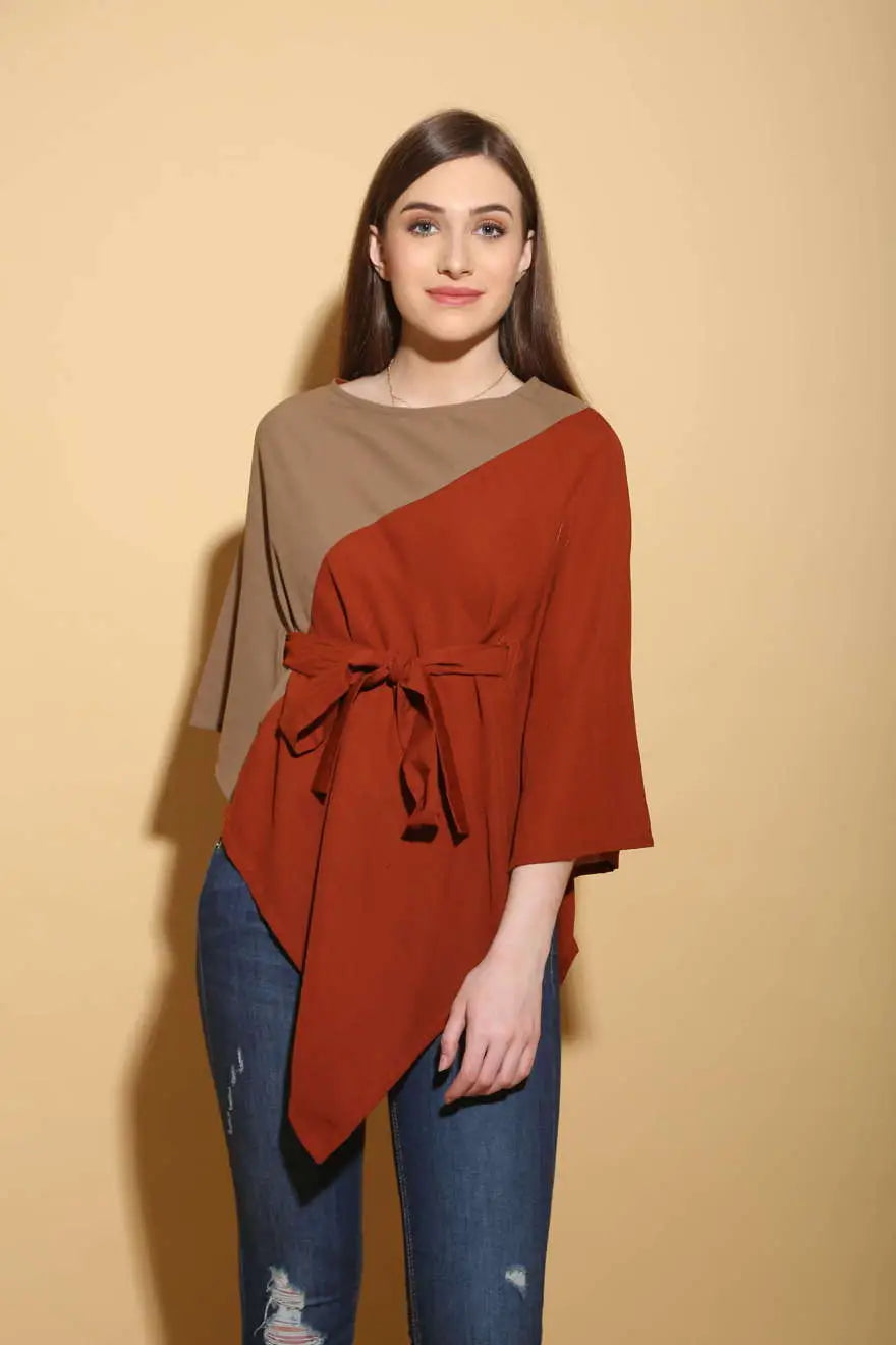 Colour Block Linen Poncho