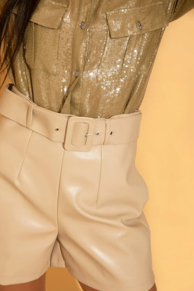 Cream Faux Leather Shorts - SHORTS