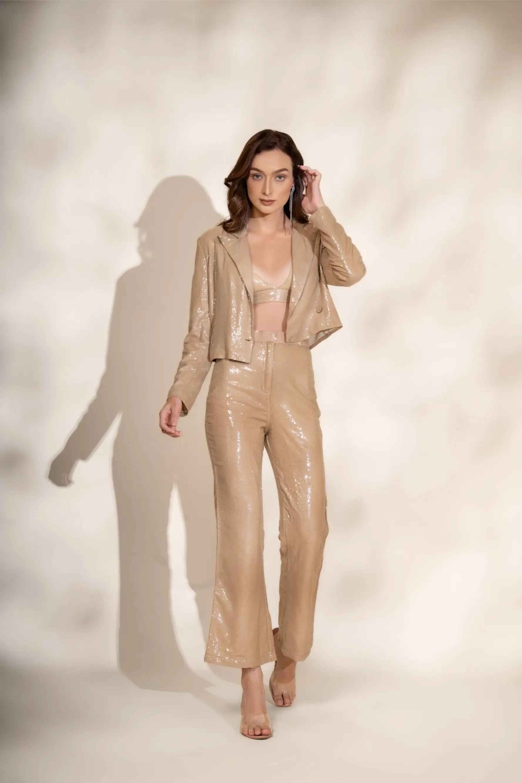 Cream Sequins Crop Blazer and Cream Sequins Pants Co-ord Set - SET