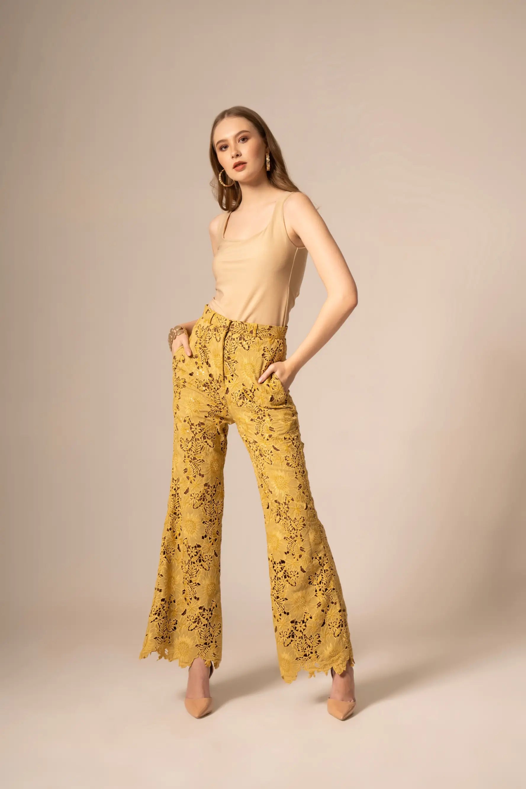 Cream Square Neck Top and Mellow Yellow Pants Co-ord Set - SET