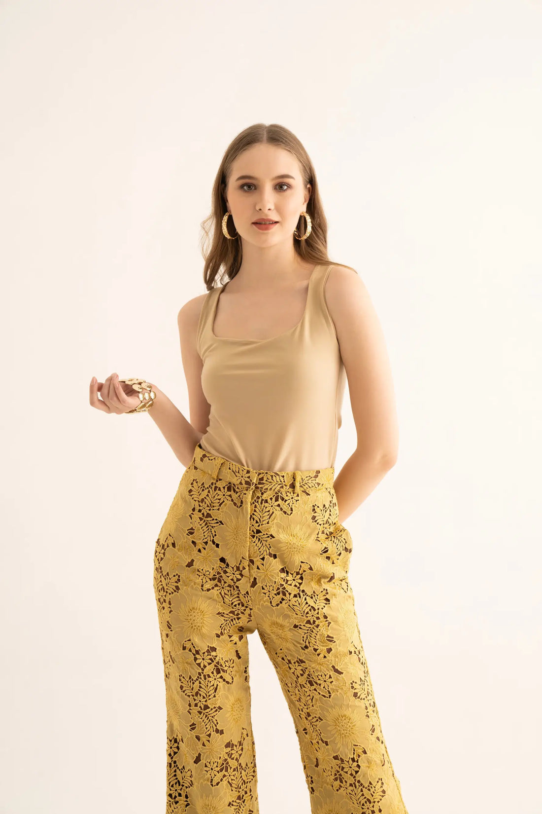 Cream Square Neck Top and Mellow Yellow Pants Co-ord Set - SET