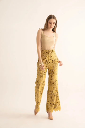 Cream Square Neck Top and Mellow Yellow Pants Co-ord Set - SET