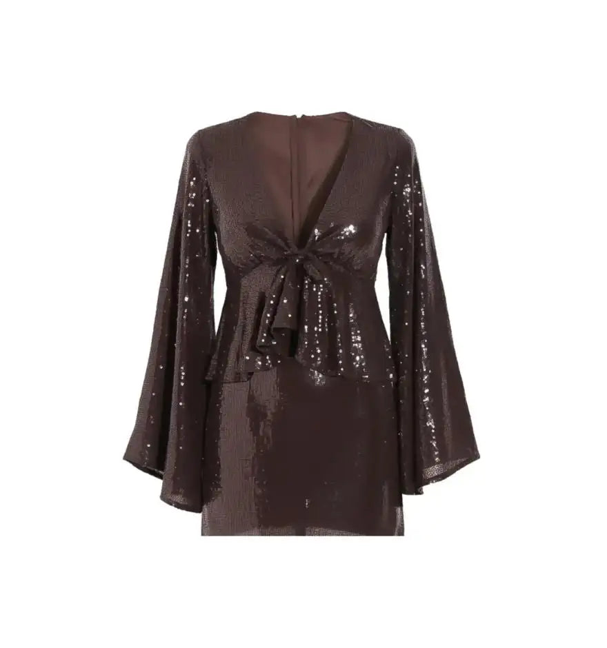 A shimmering dark brown sequined dress with long bell sleeves and a tied waist detail.