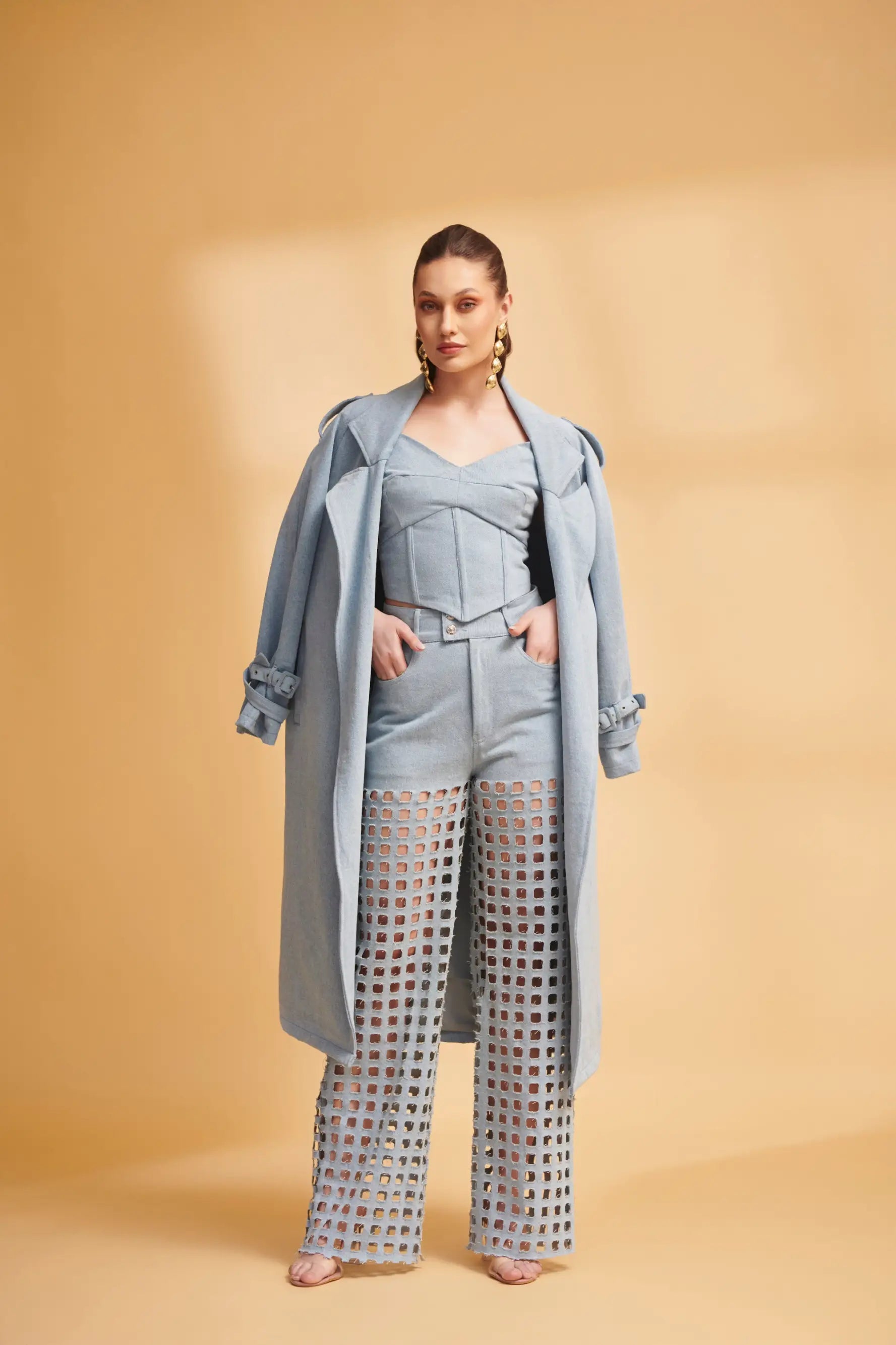 ETHER Denim Trench and Cutwork Jeans Co-ord Set - SET