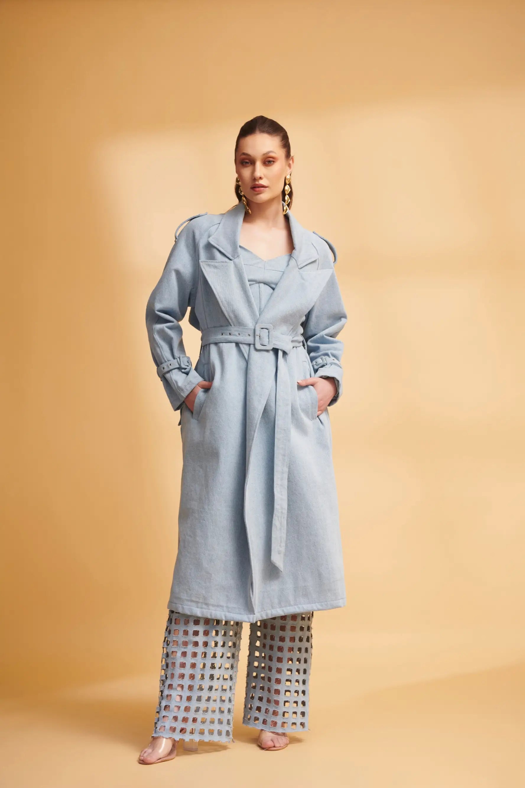 ETHER Denim Trench and Cutwork Jeans Co-ord Set - SET