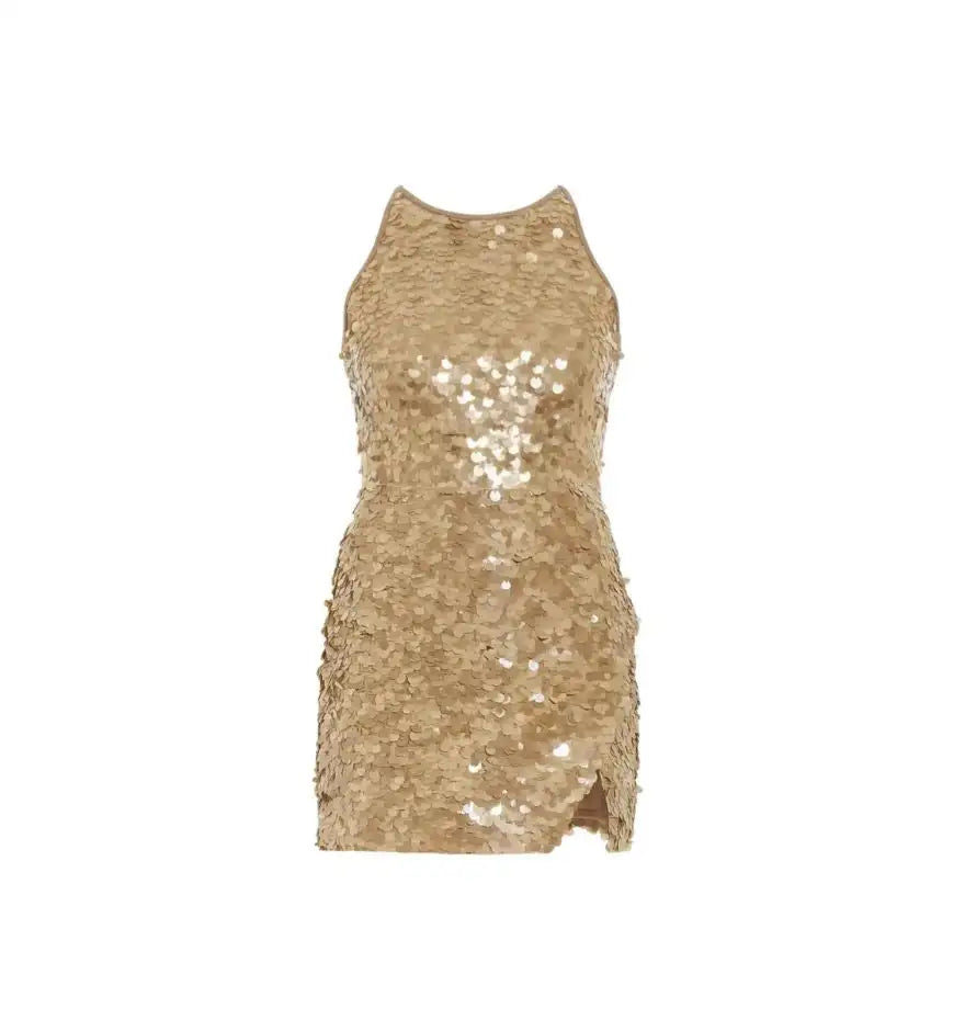 A shimmering gold sequin mini dress with a halter neckline and a side slit.