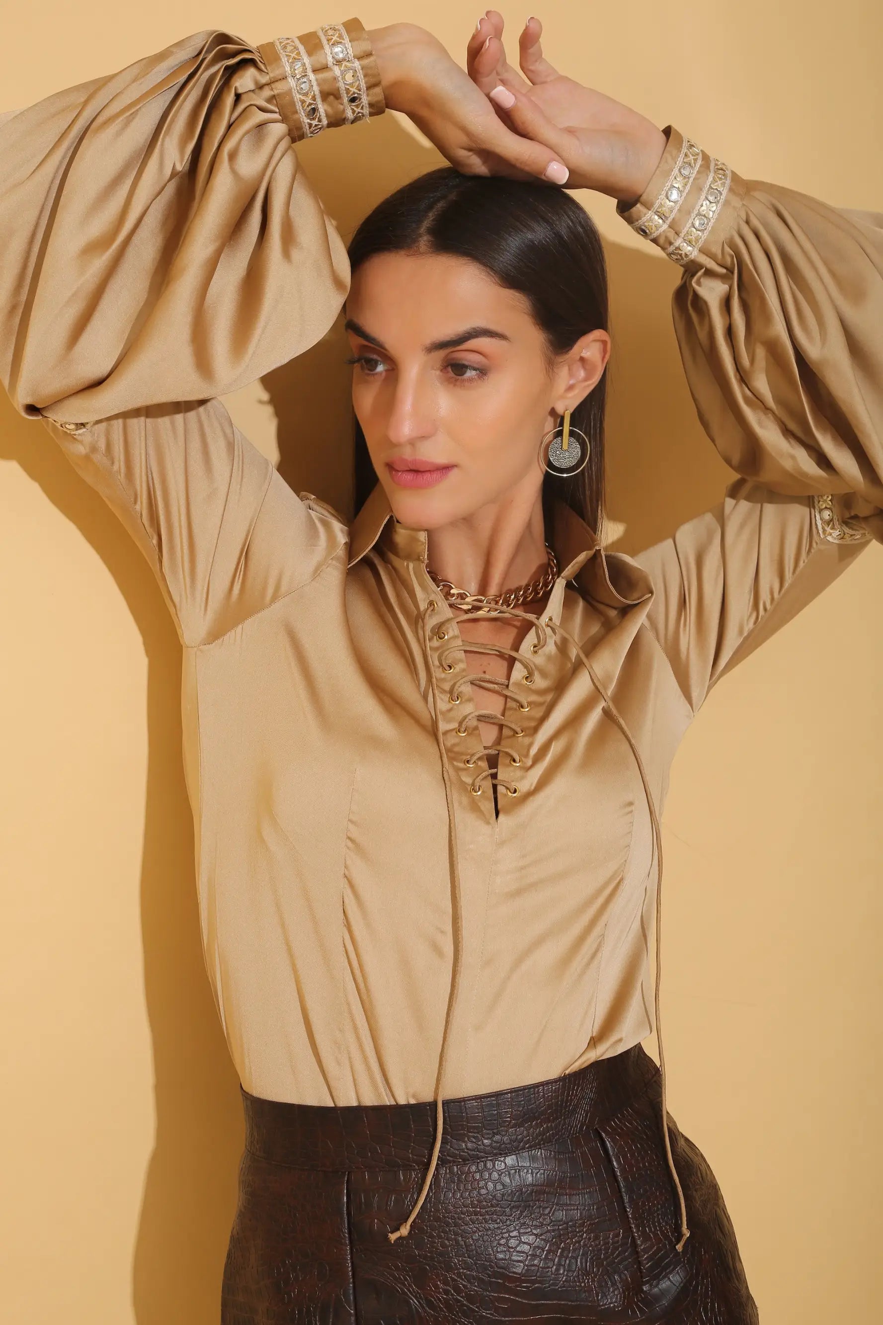 Golden Lace Detail Blouse - TOPS