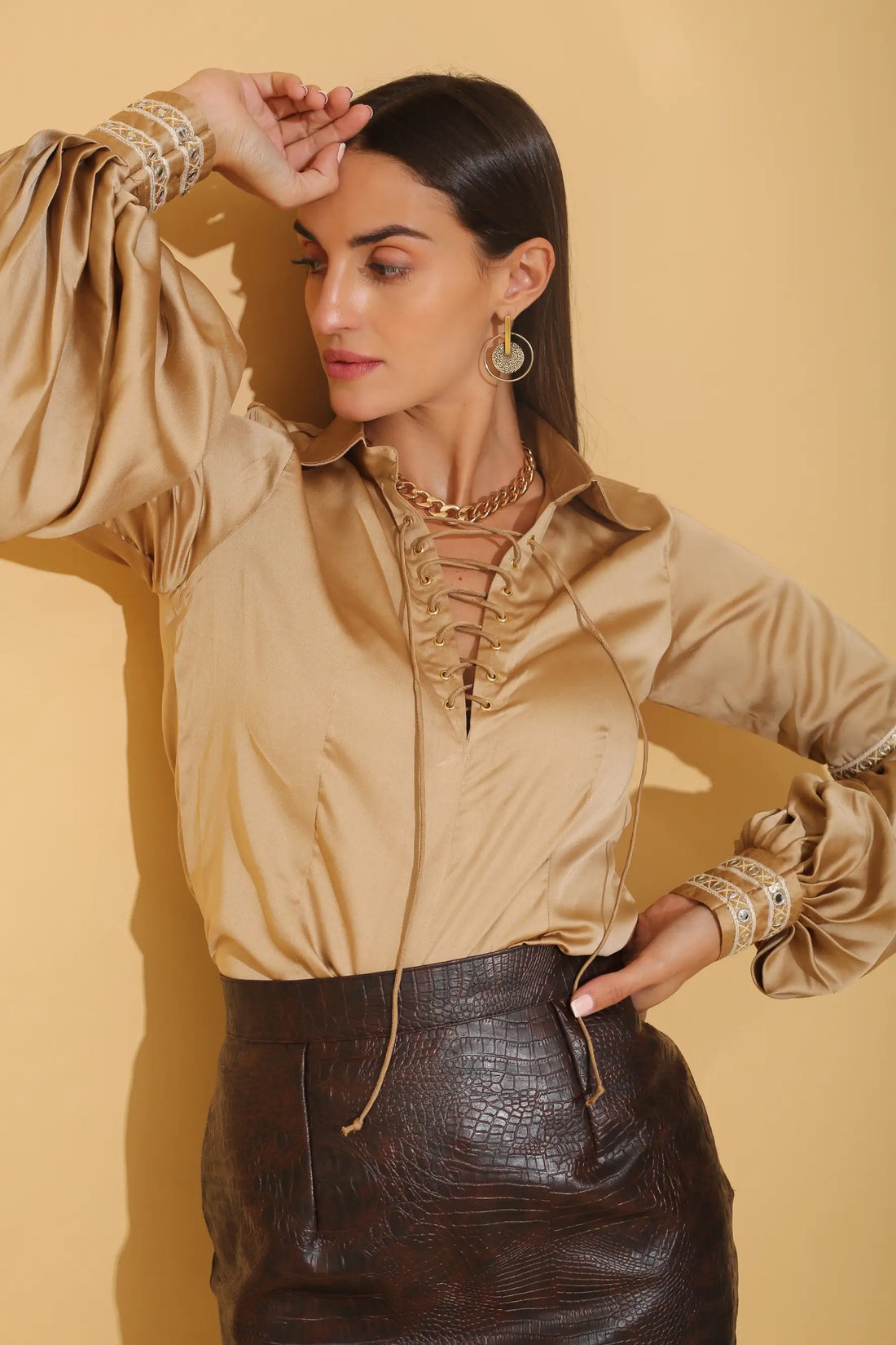 Golden Lace Detail Blouse - TOPS