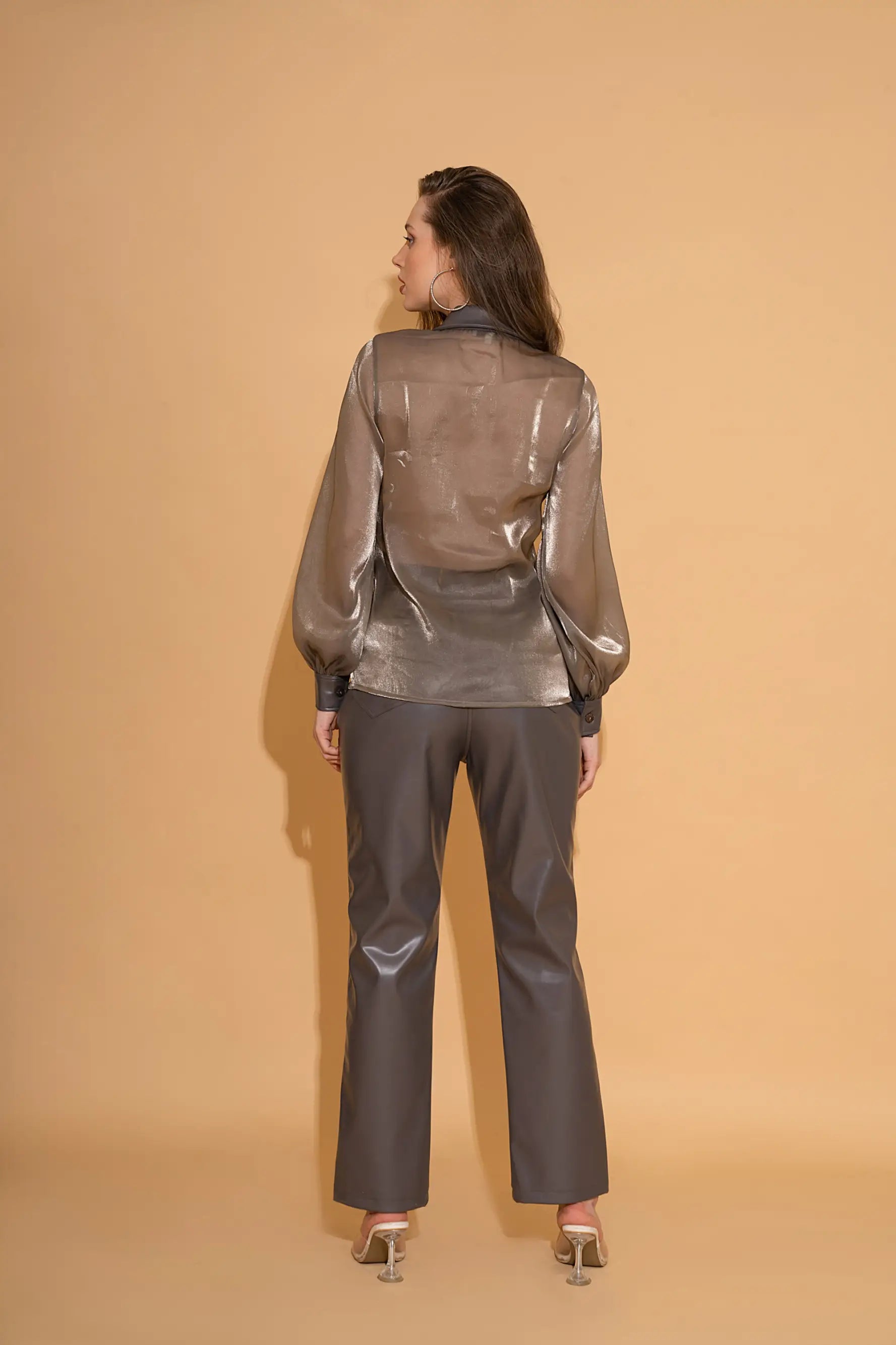 Grey Organza Lapel Shirt and Grey Leather Pants Co-ord Set - SET