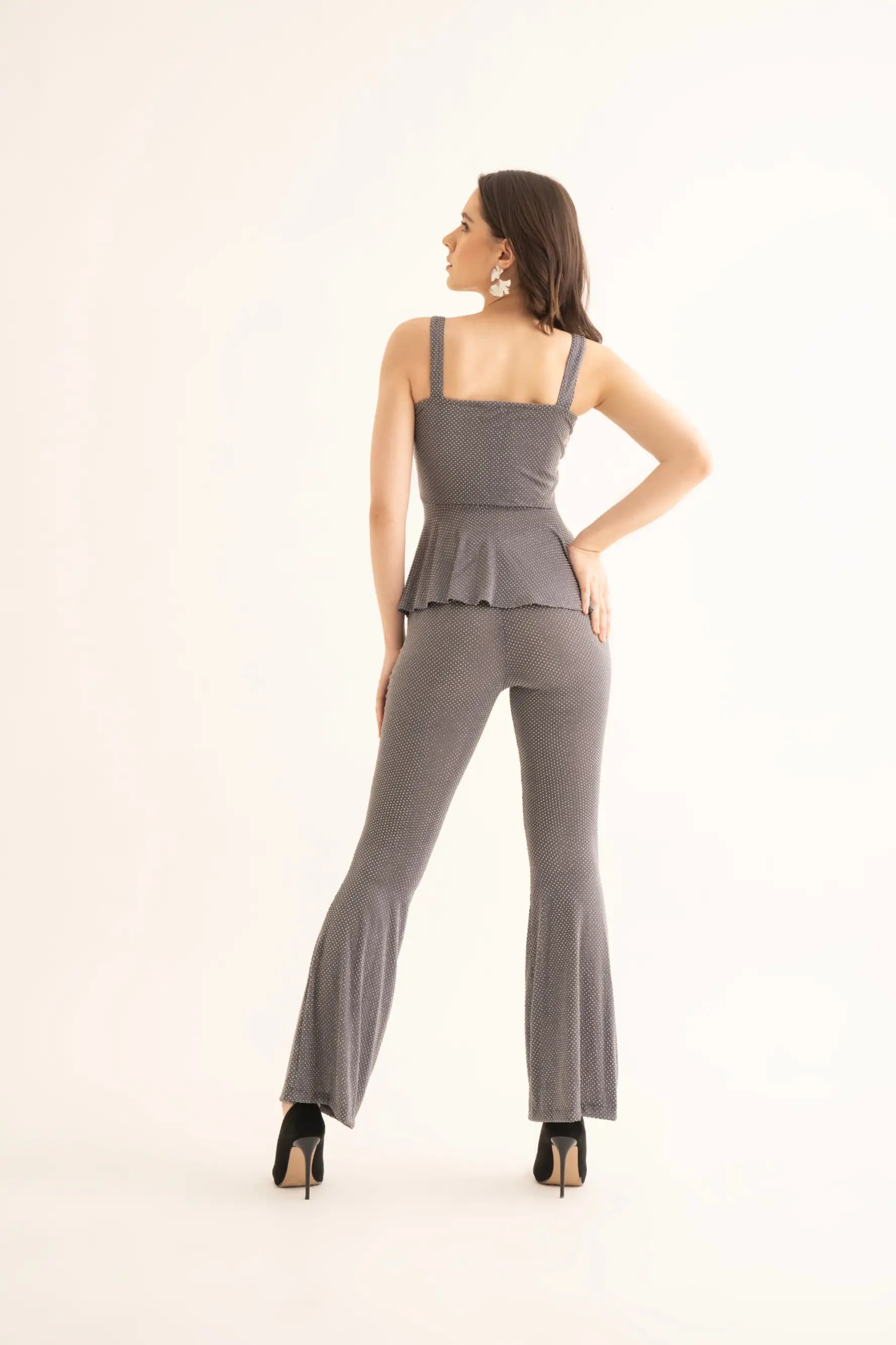 Grey Rhinestone Peplum Top and Bell Bottoms Co-ord Set - SET