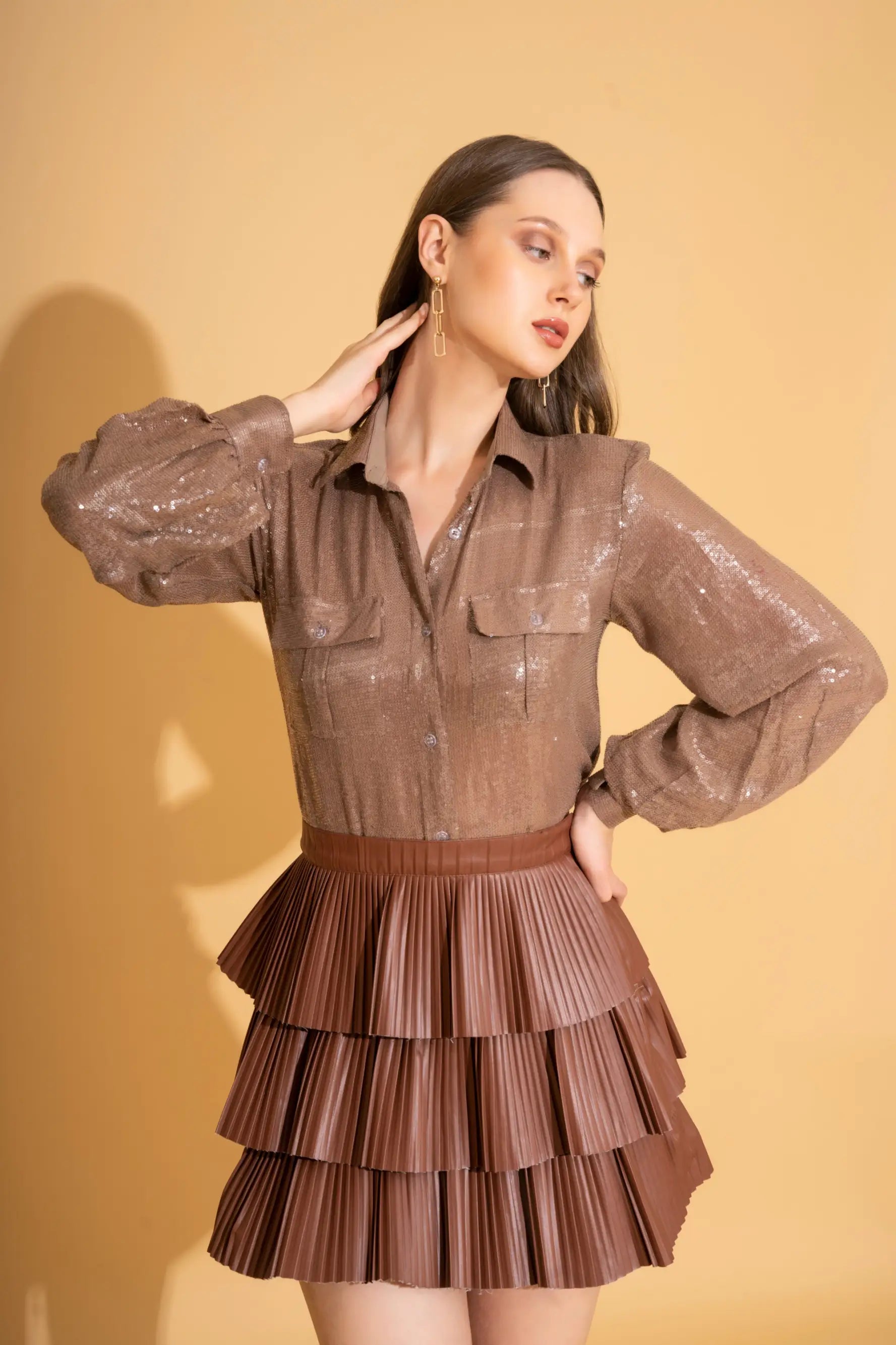 Grey Sequins Shirt and Brown Faux Leather Skirt Co-ord Set - SET