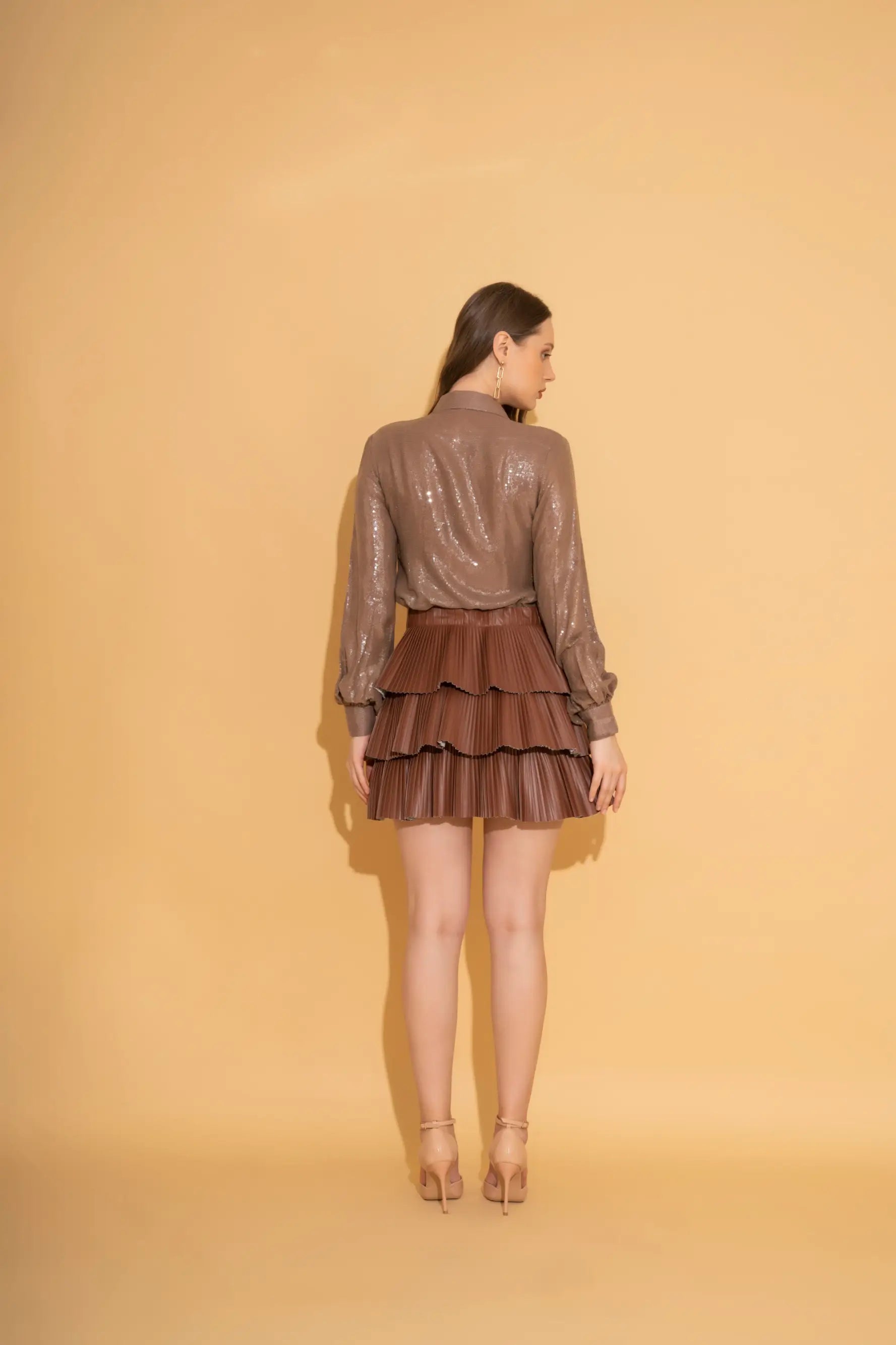 Grey Sequins Shirt and Brown Faux Leather Skirt Co-ord Set - SET