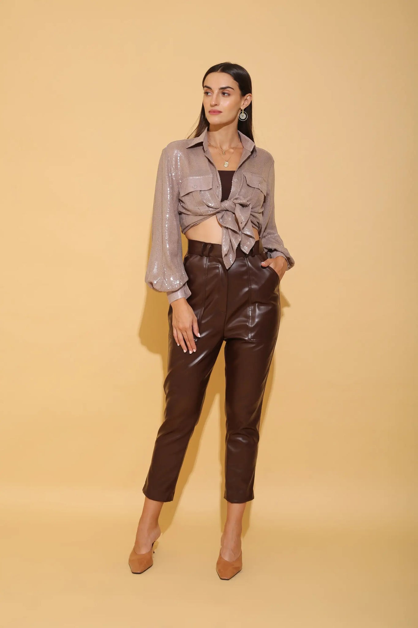 Grey Sequins Shirt and Brown Leather Co-ord Set - SET