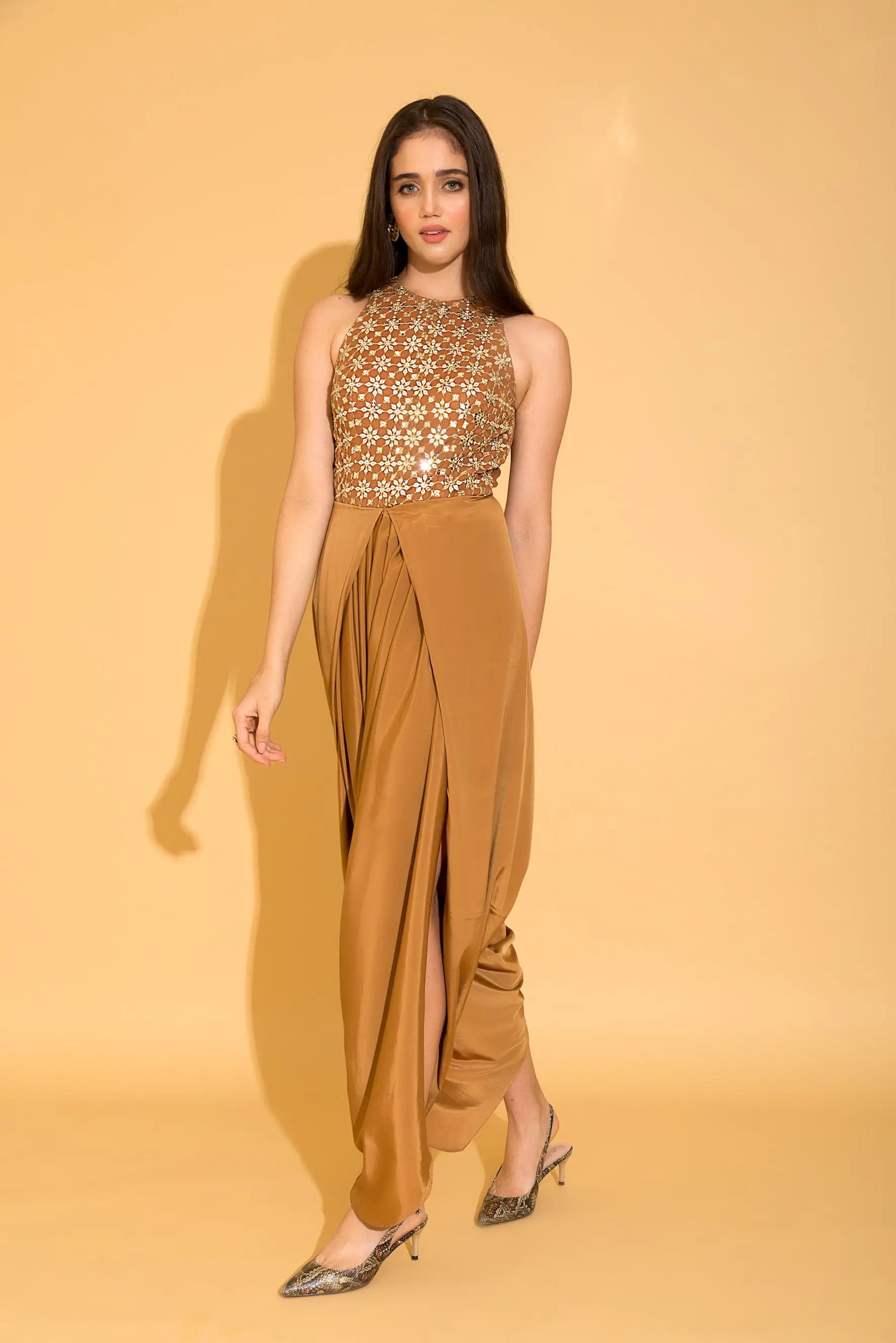 Iced Coffee Embroidered Dhoti Jumpsuit - Jumpsuits