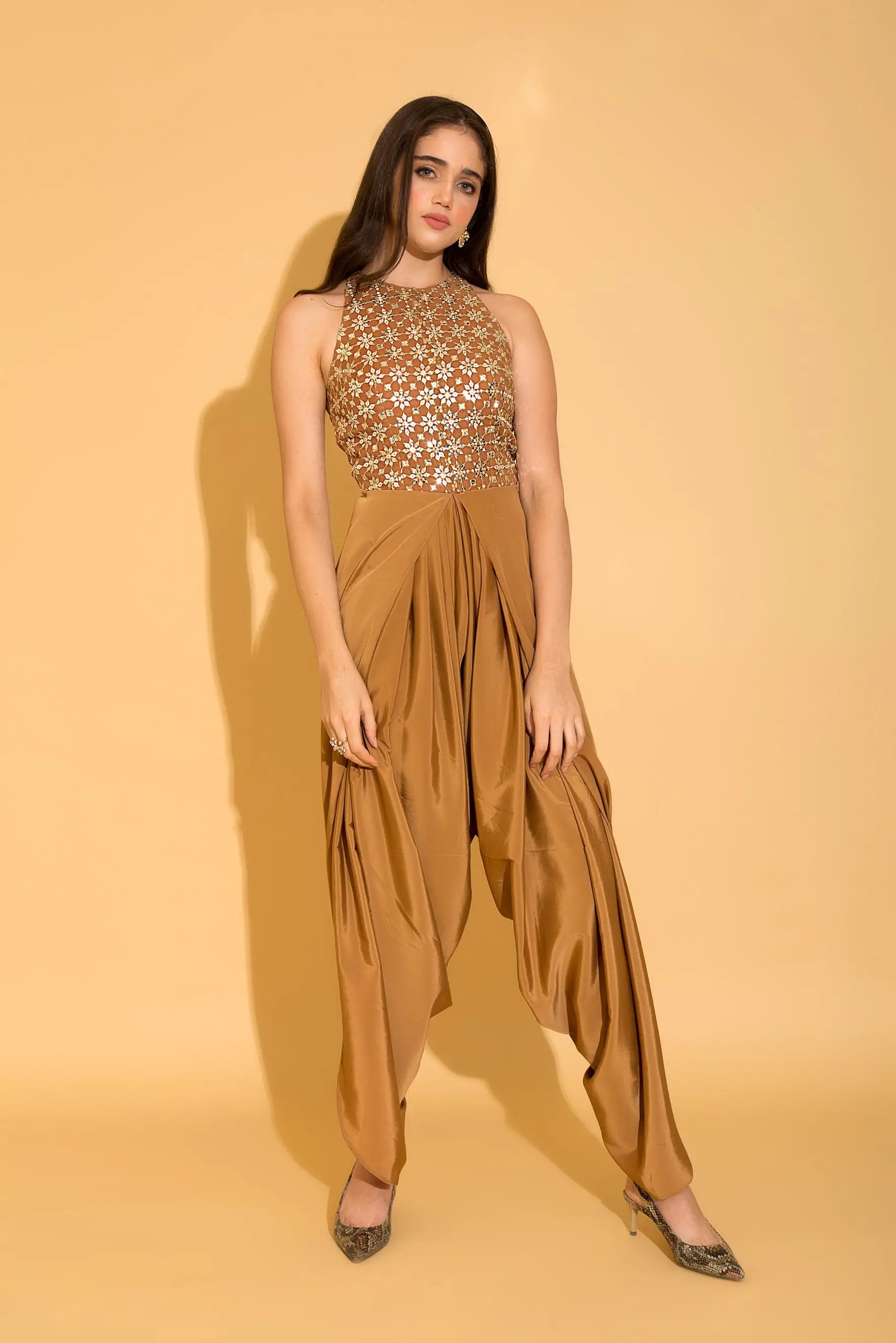 Iced Coffee Embroidered Dhoti Jumpsuit - Jumpsuits