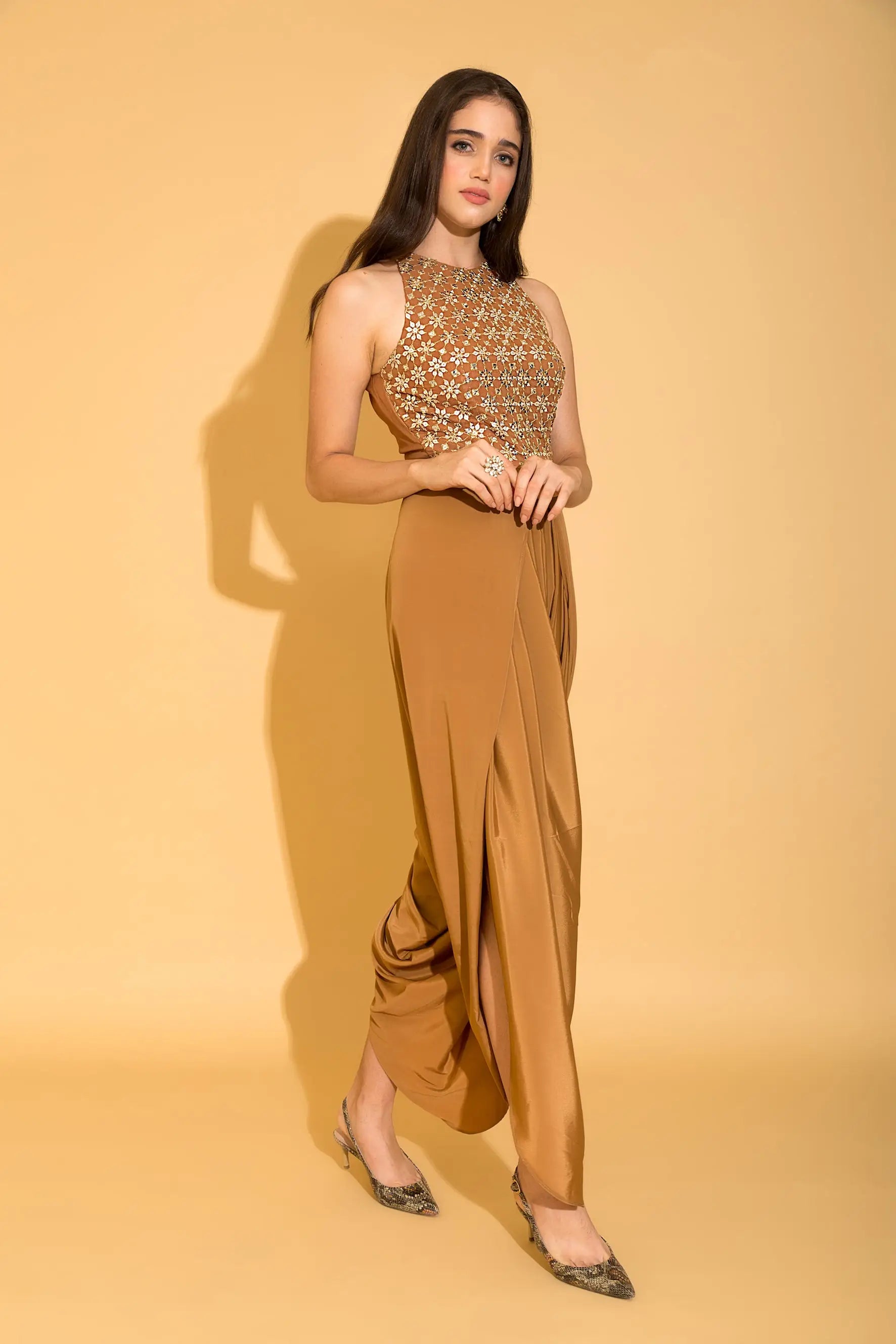 Iced Coffee Embroidered Dhoti Jumpsuit - Jumpsuits