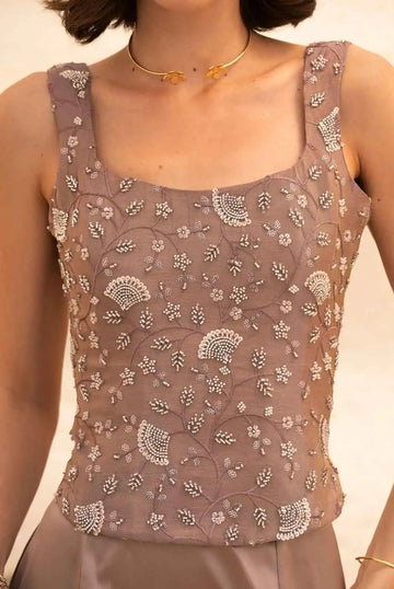 Lavender lace summer top with square neckline and floral embroidery.