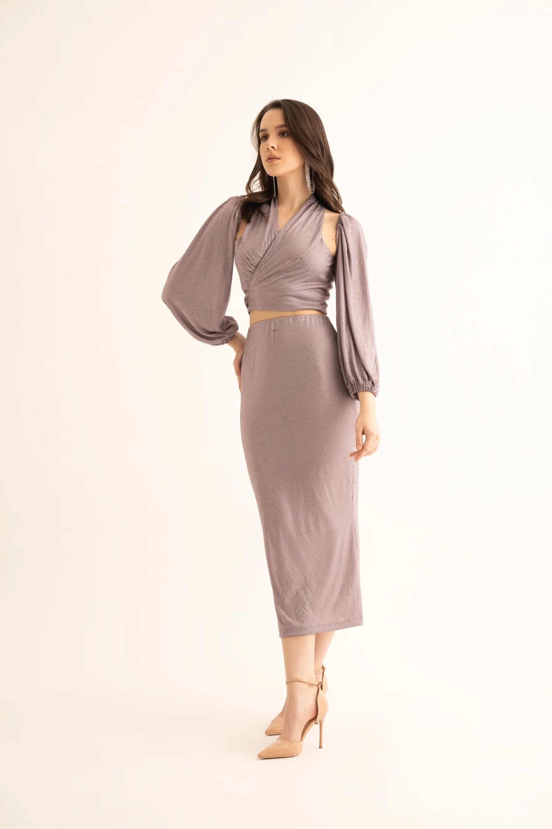 Lavender Rhinestone Halter Neck Crop Top - TOPS