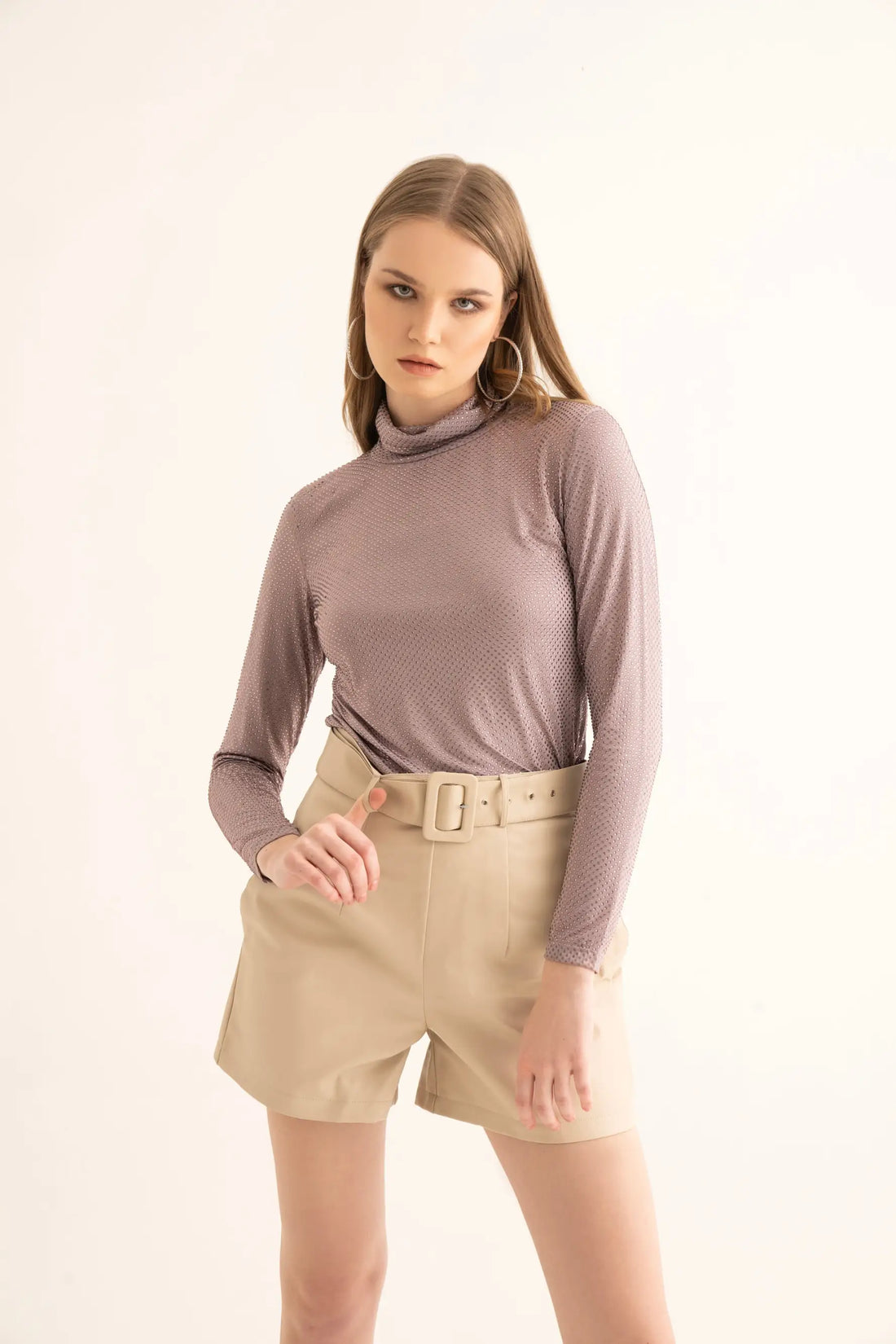 Lavender Rhinestone Turtle Neck Top and Cream Leather Shorts Co-ord Set - SET