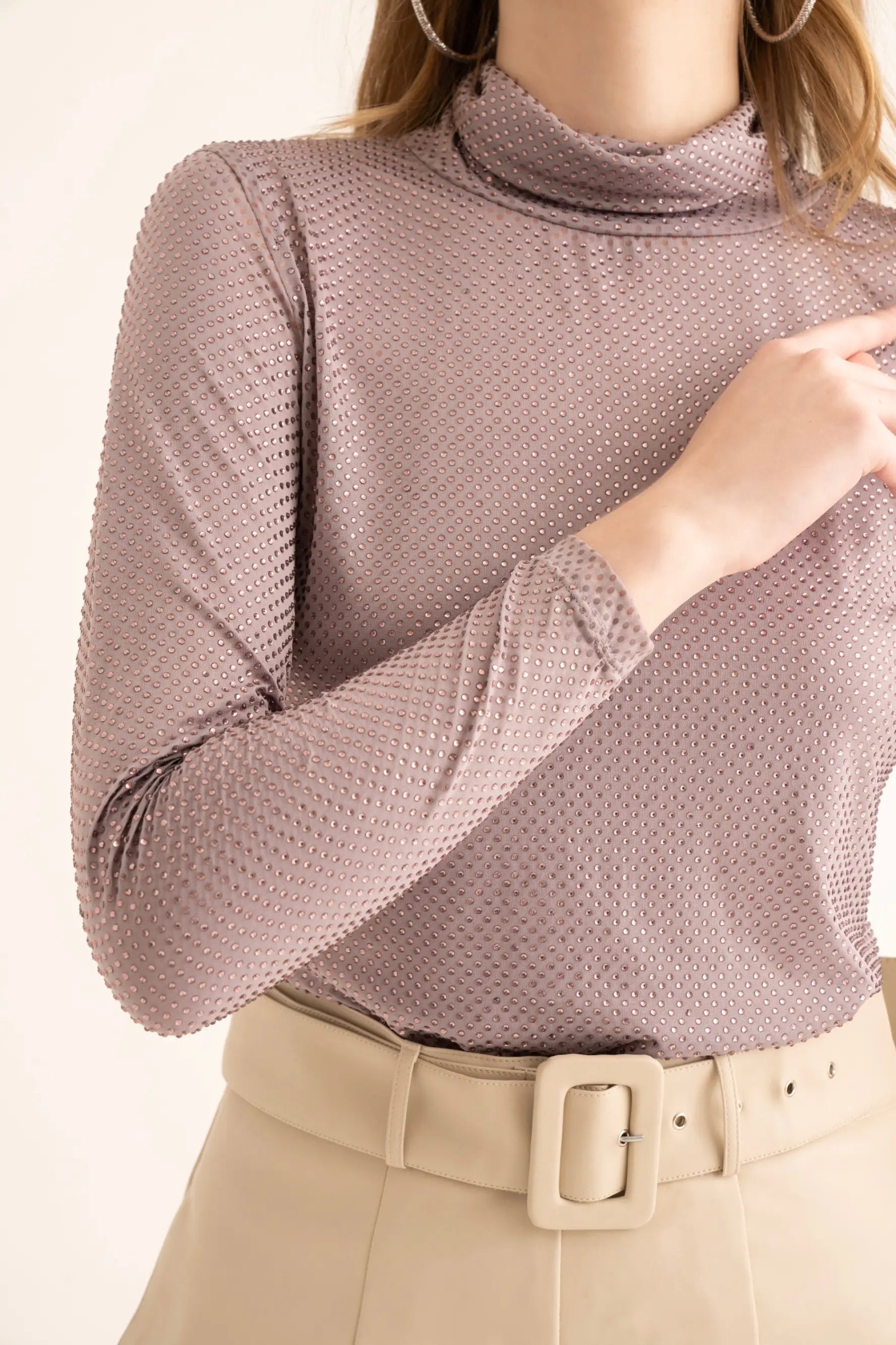 Lavender Rhinestone Turtleneck Top - TOPS