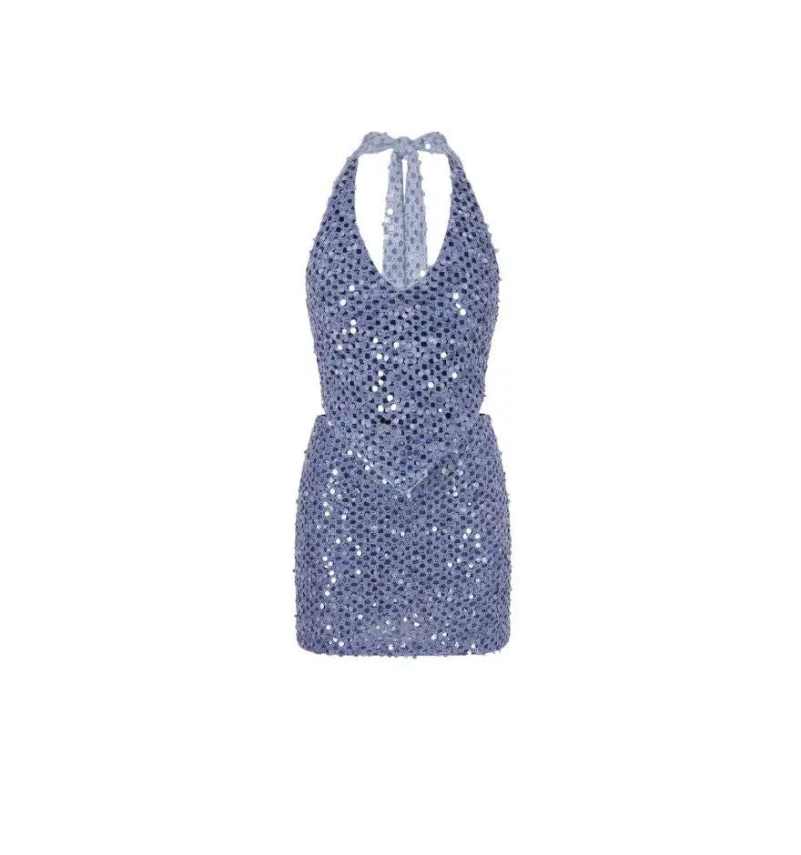 A shimmering lavender sequined halter dress with a tied-back neck and fitted silhouette.