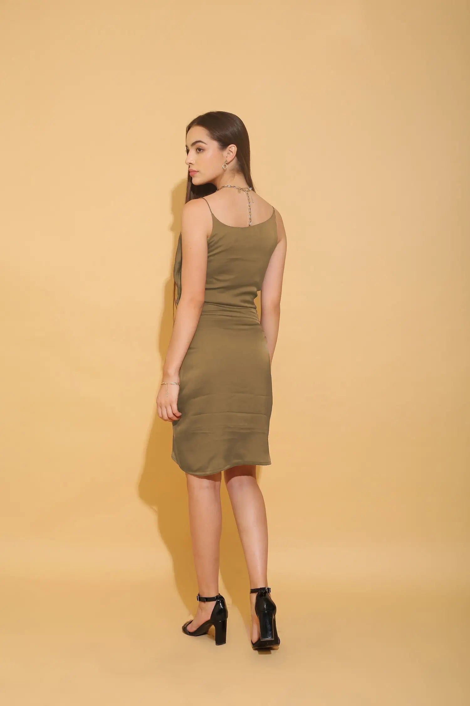 Lemon Green Cowl Neck Cami Dress - DRESSES