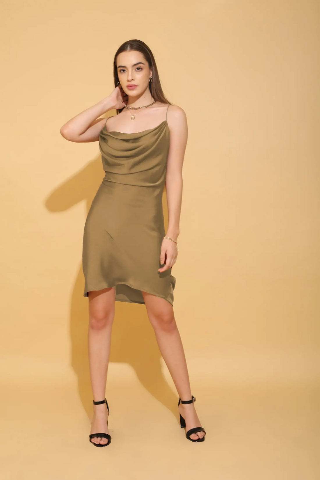 Lemon Green Cowl Neck Cami Dress - DRESSES