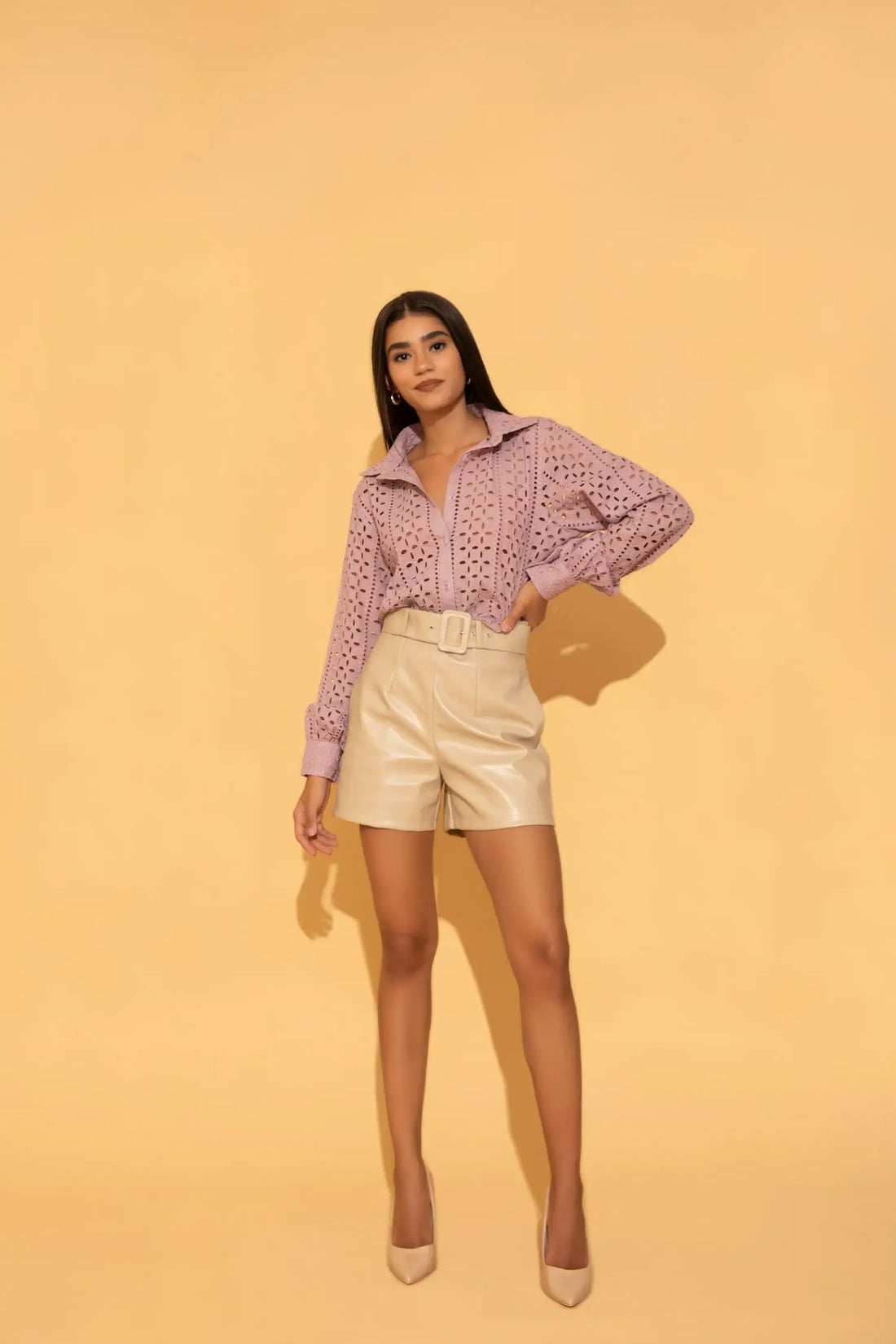 Lilac Schiffli Shirt from Torqadorn styled with Cream Faux Leather Shorts