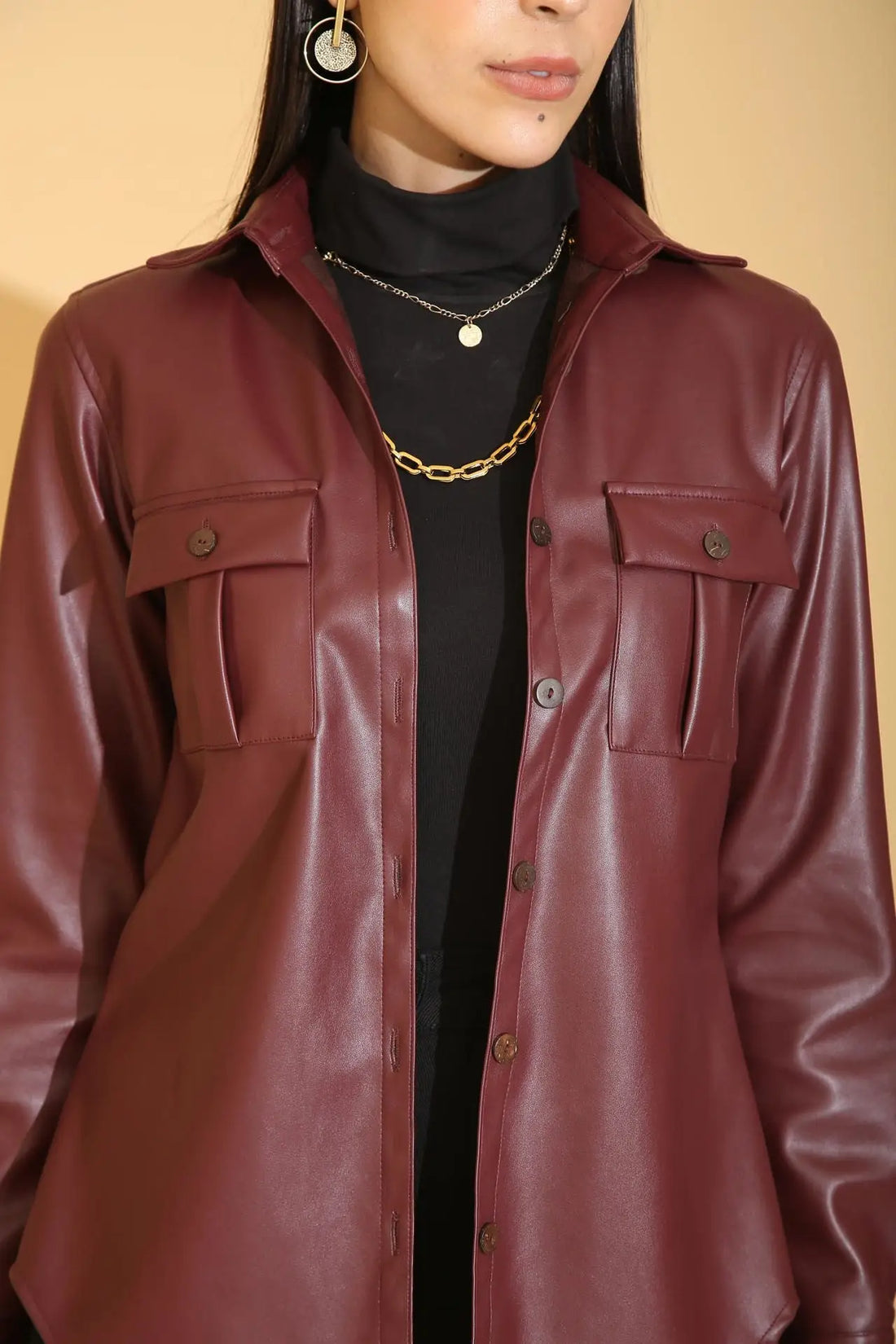 Maroon Faux Leather Shacket - SHIRTS