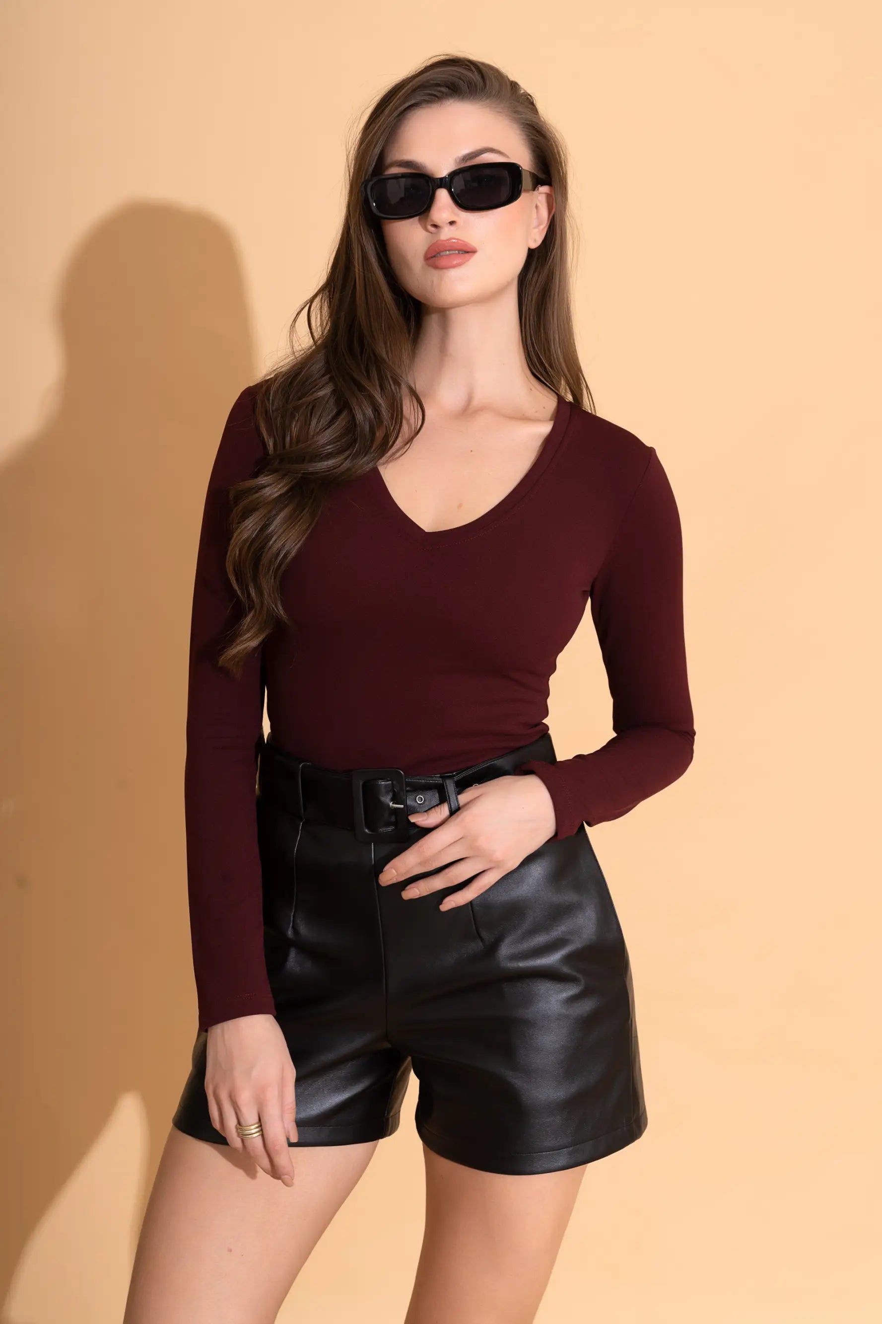 Maroon Lycra V Neck Top