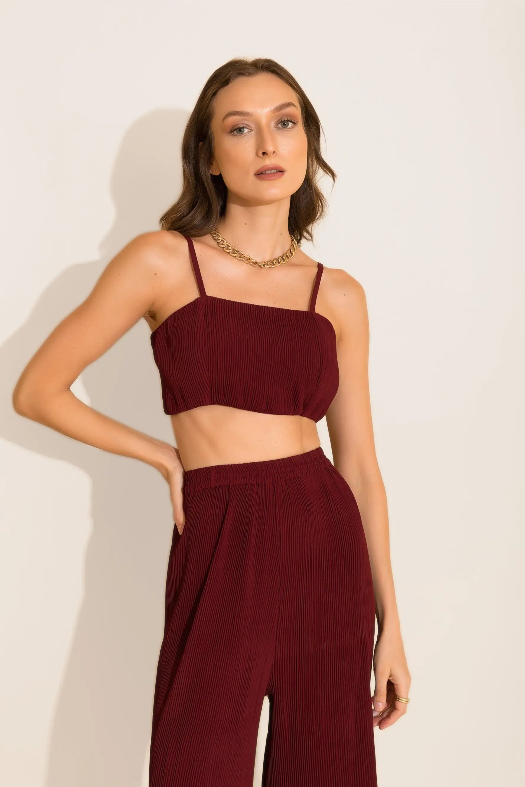 Maroon Micro-pleated Loungewear Co-ord Set - SET