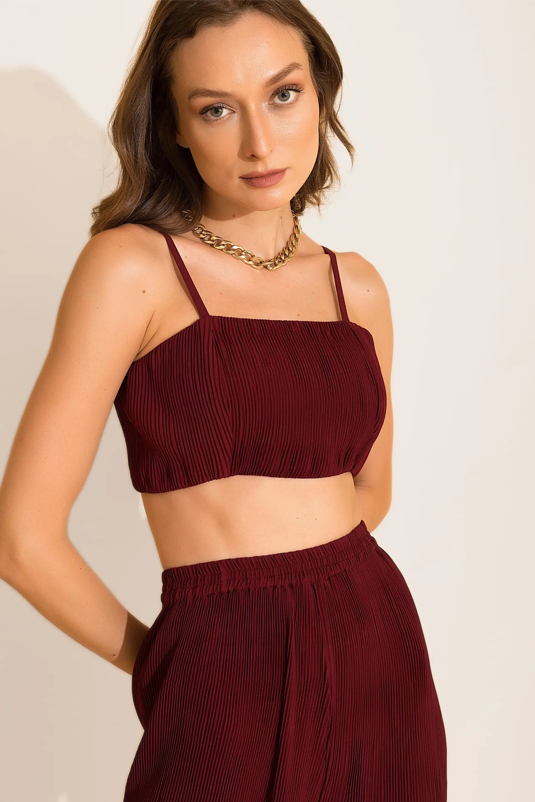 Maroon Micro-pleated Loungewear Co-ord Set - SET