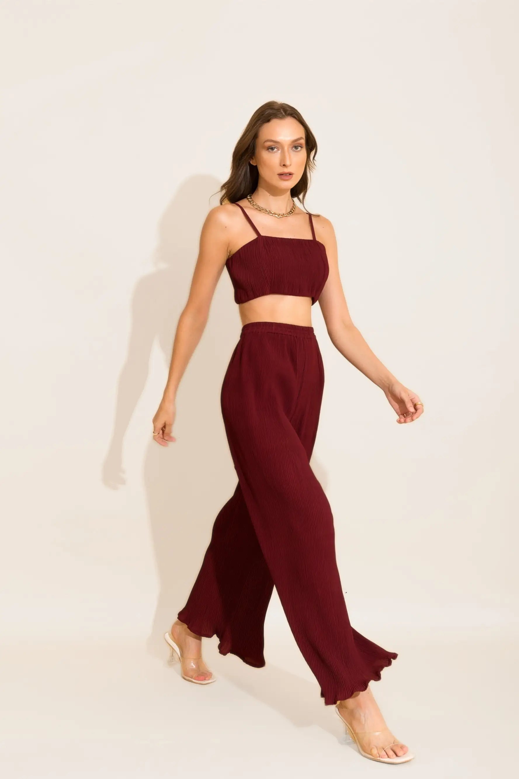 Maroon Micro Pleated Loungewear Pants - PANTS