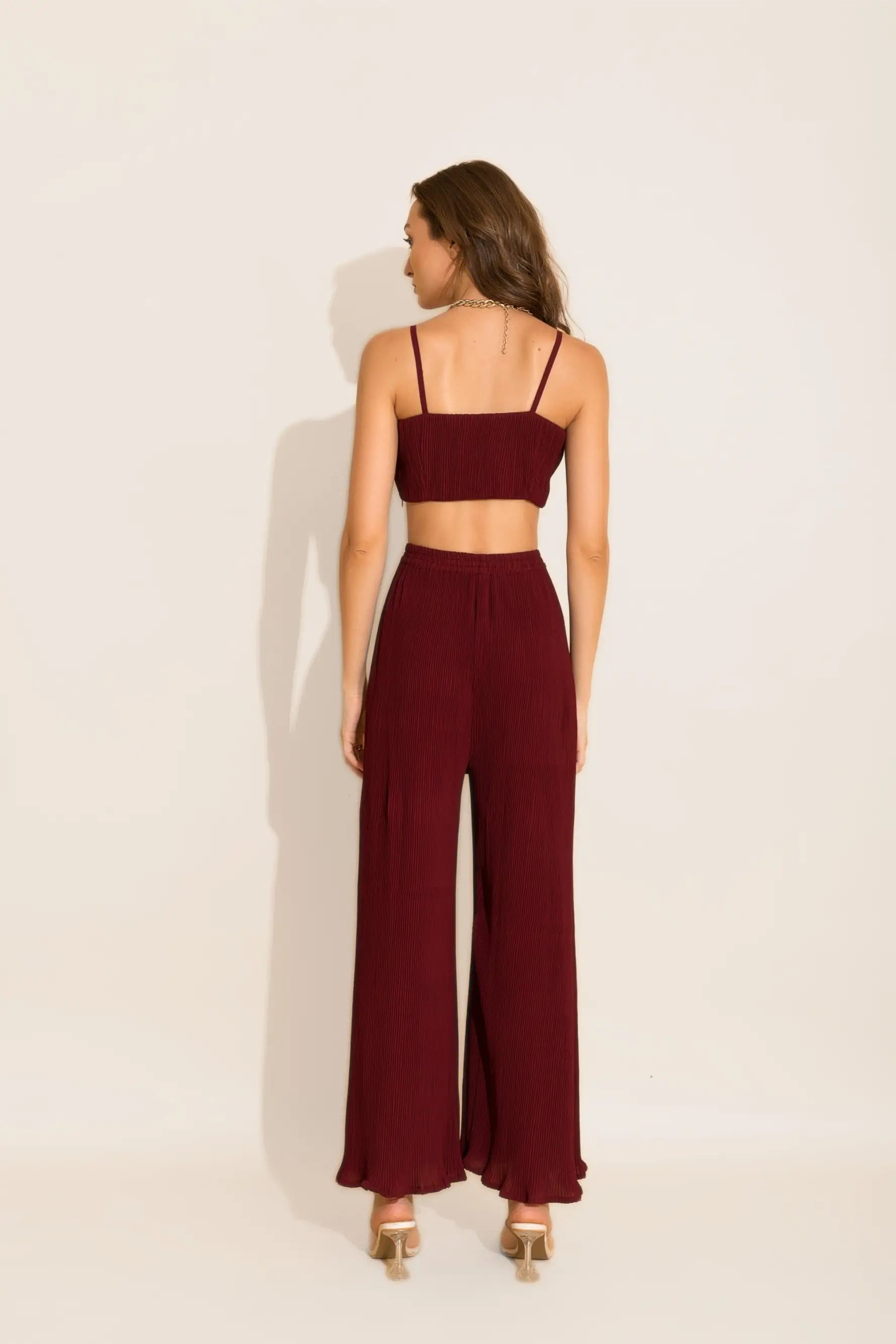 Maroon Micro Pleated Loungewear Pants - PANTS