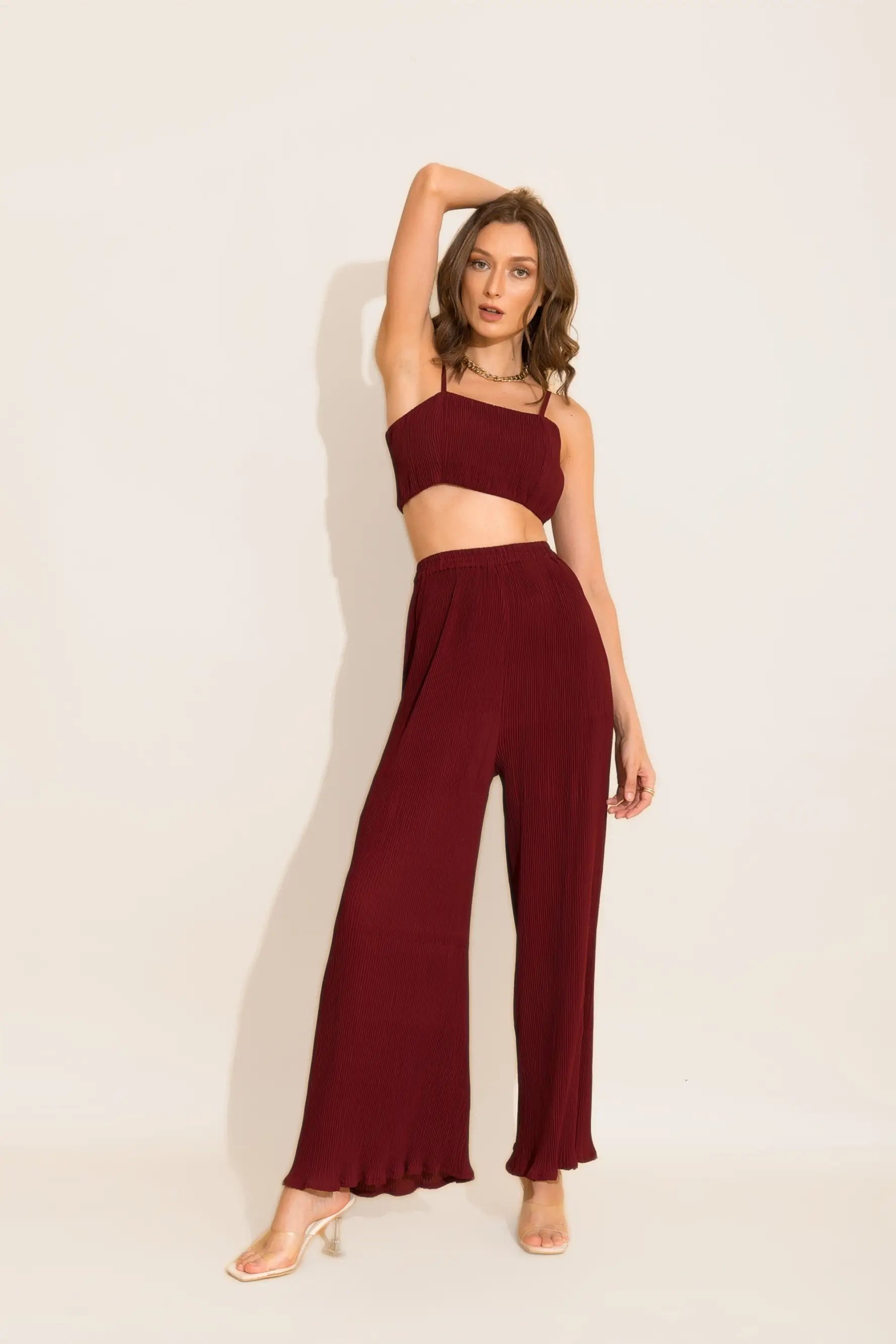 Maroon Micro Pleated Loungewear Pants - PANTS