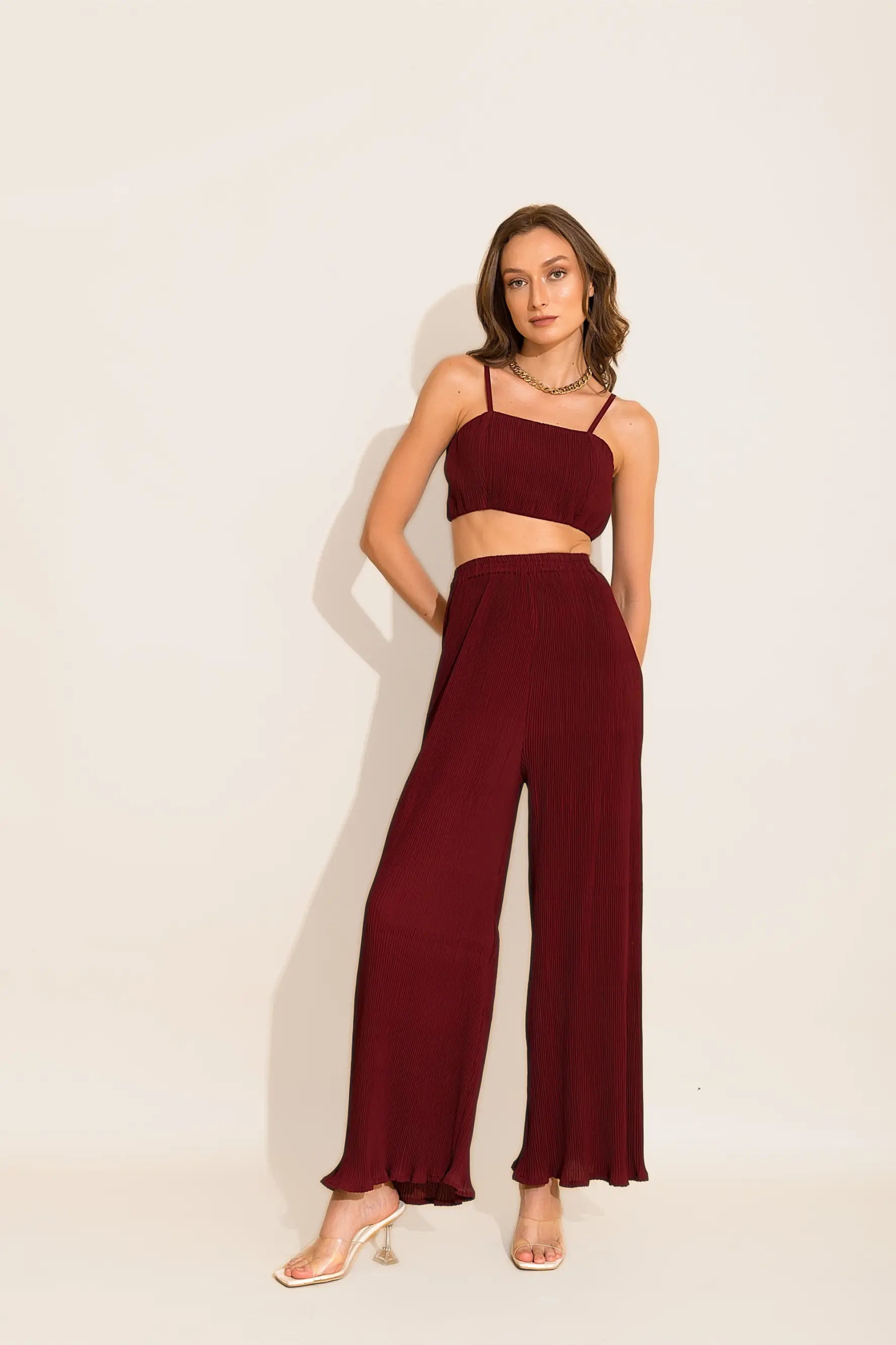 Maroon Micro Pleated Loungewear Pants - PANTS