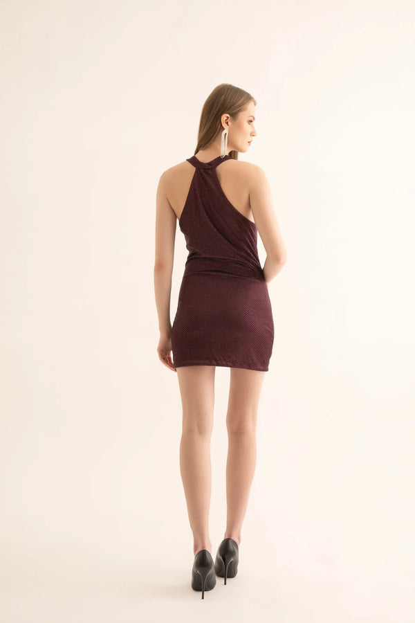 Maroon Rhinestone Halter Neck Cowl Dress - DRESSES