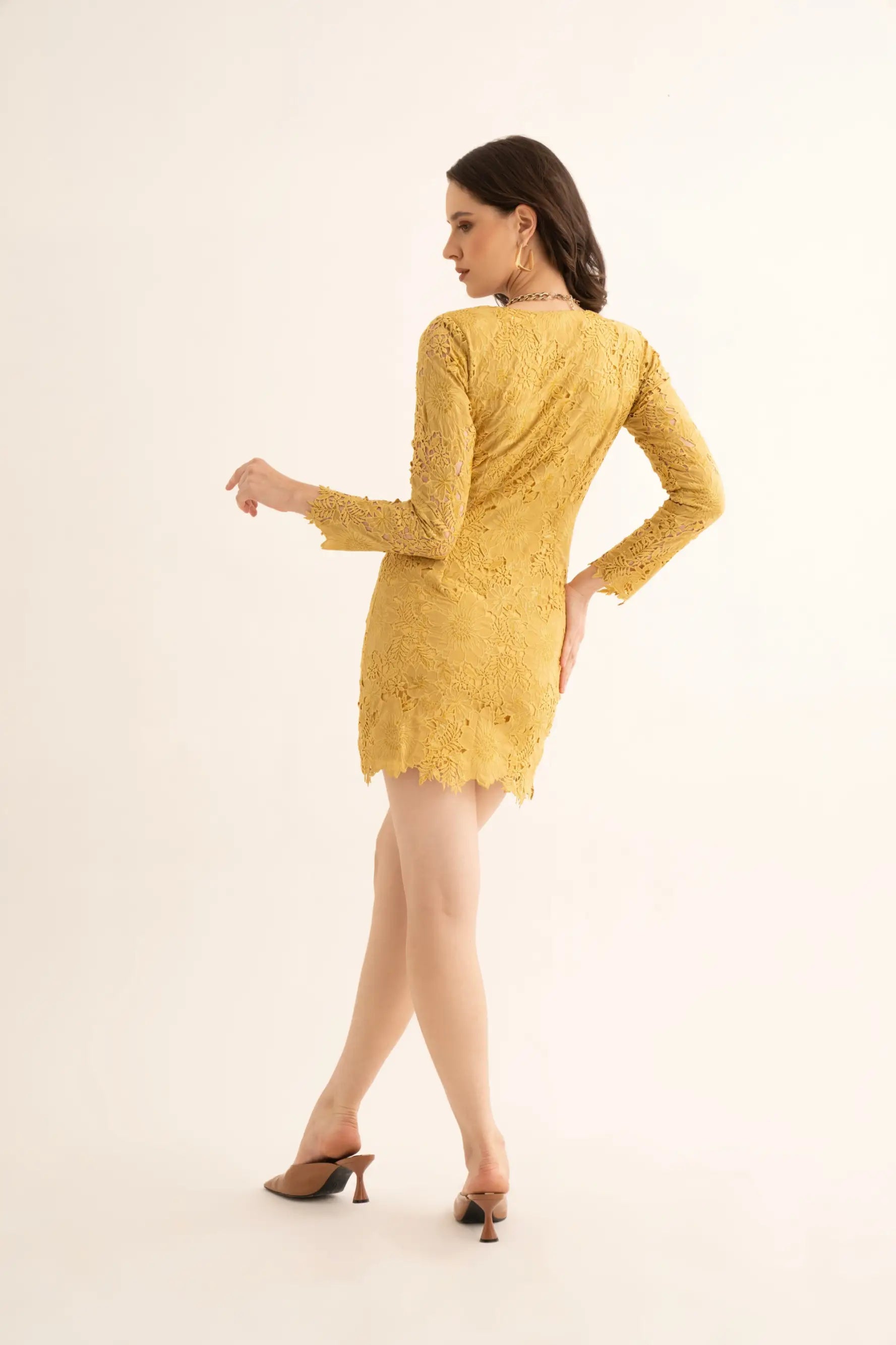 Mellow Yellow Cut Work Mini Dress - DRESSES