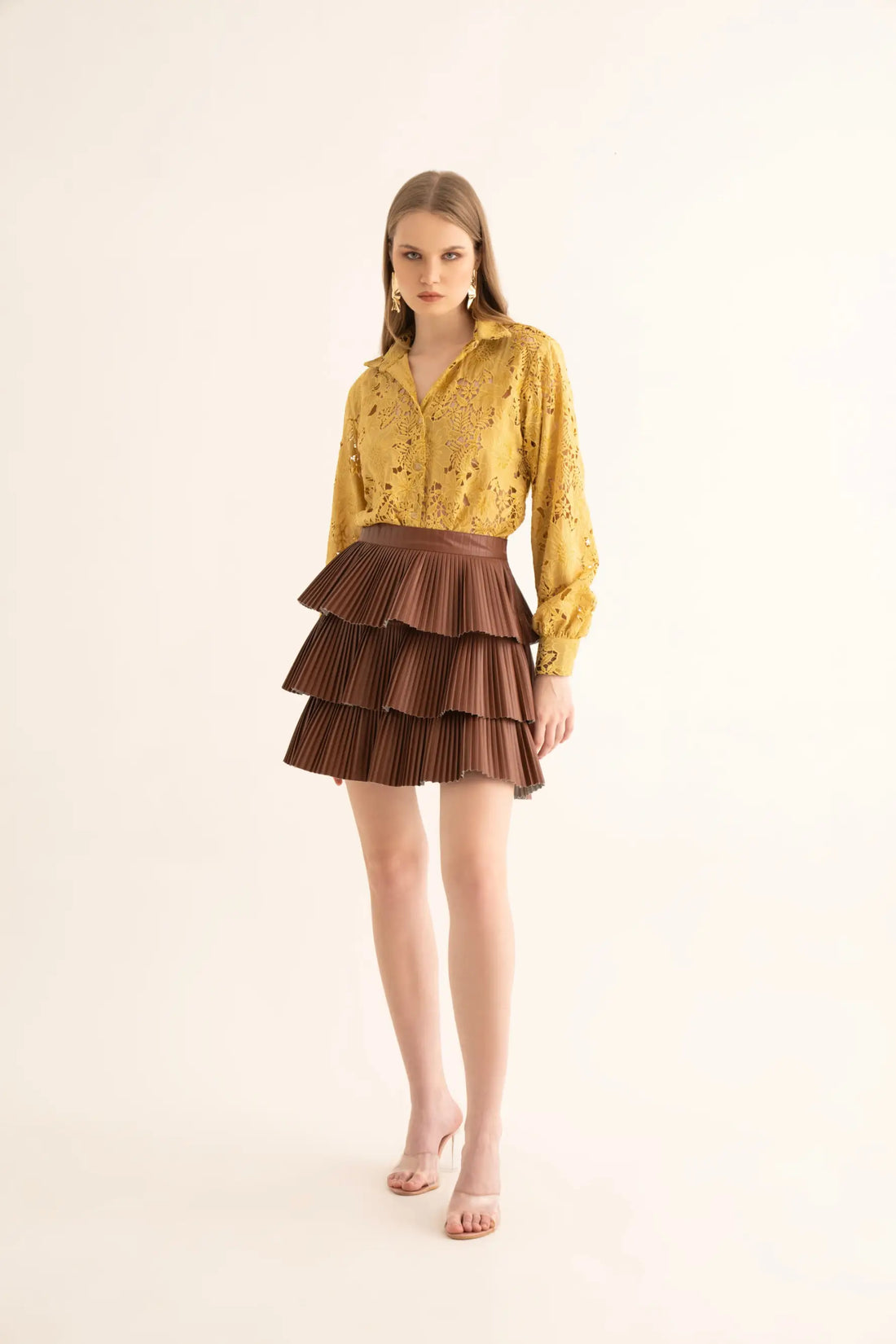 Mellow-Yellow Cut Work Shirt and Brown Skirt Co-ord Set - SET