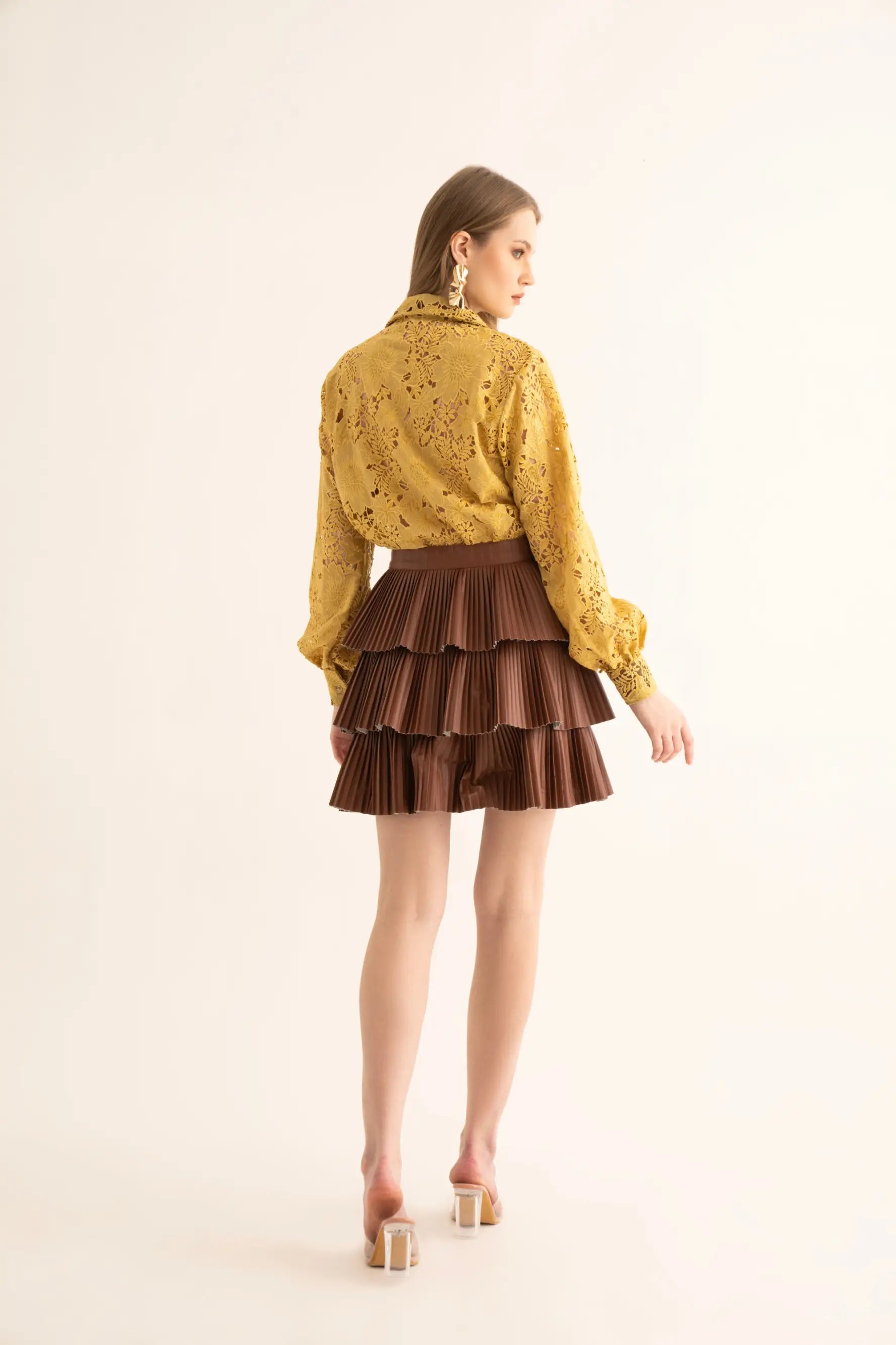 Mellow-Yellow Cut Work Shirt and Brown Skirt Co-ord Set - SET